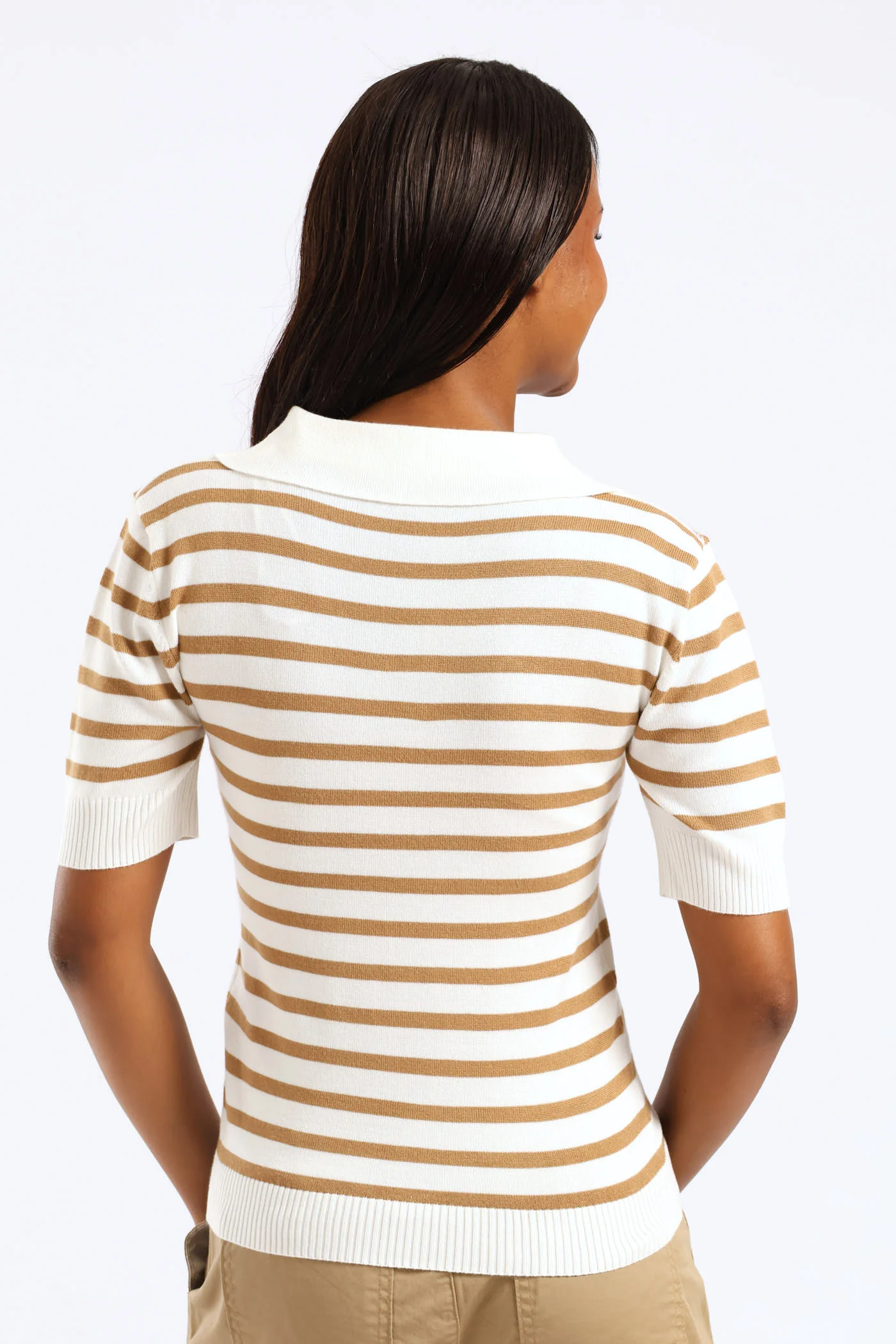 Stripe Golfer Knit Top - Beige/Cream - Image 3