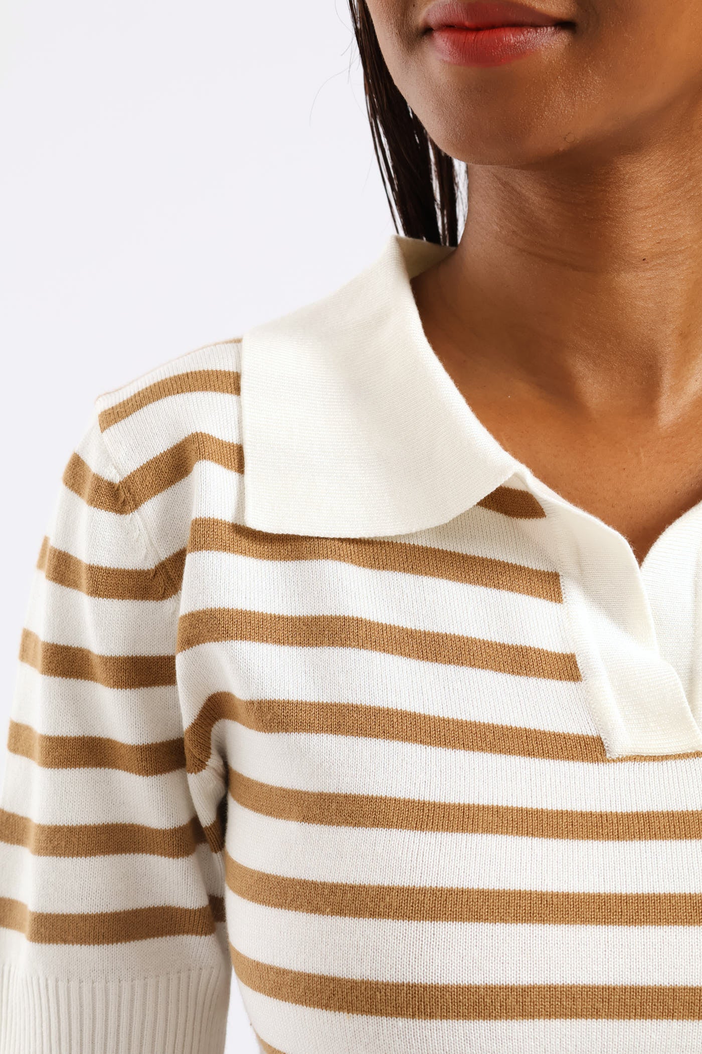 Stripe Golfer Knit Top - Beige/Cream - Image 4