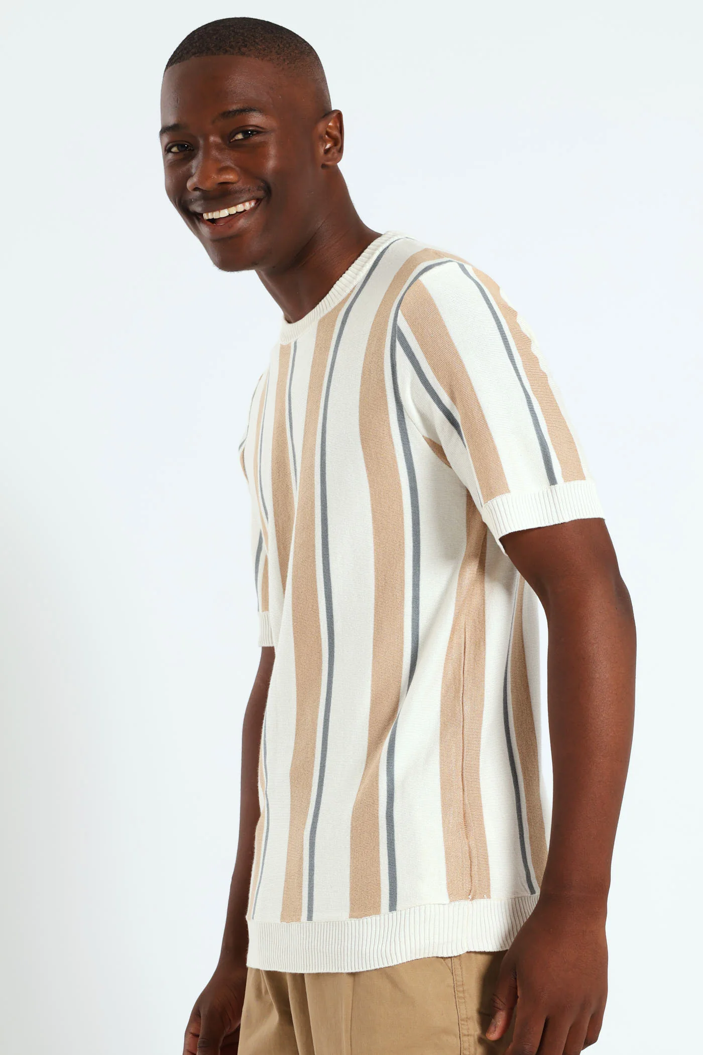 Stripe Knit Fine Gauge Crew Tee - Off White - Image 3