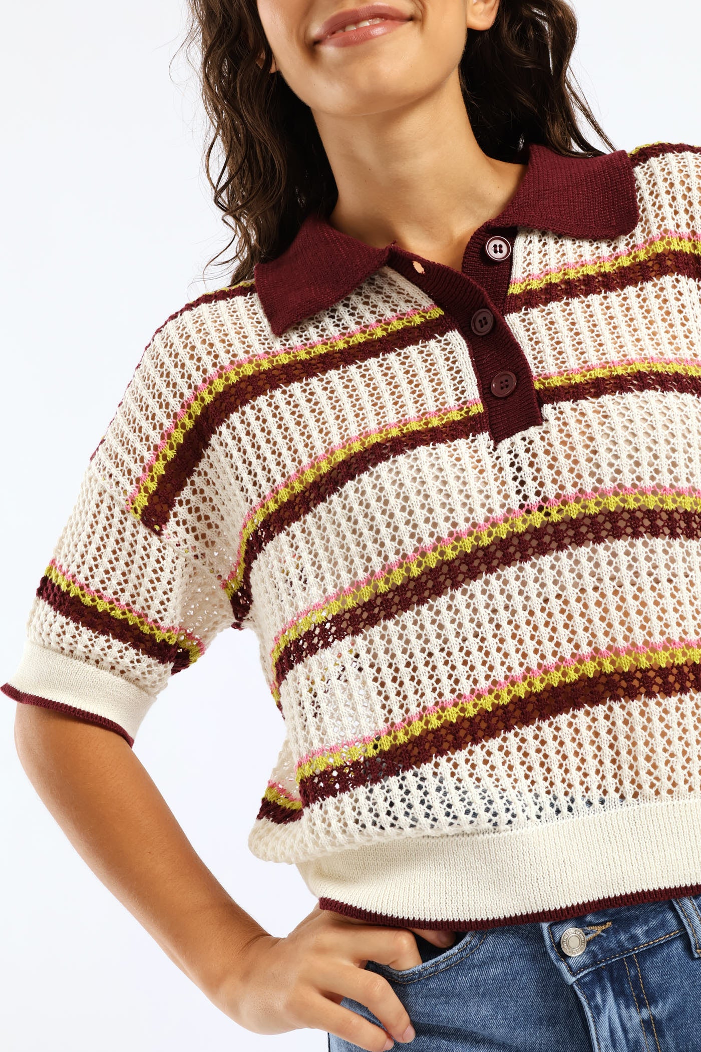 Stripe Knitted Polo Shirt - Burgundy - Image 2
