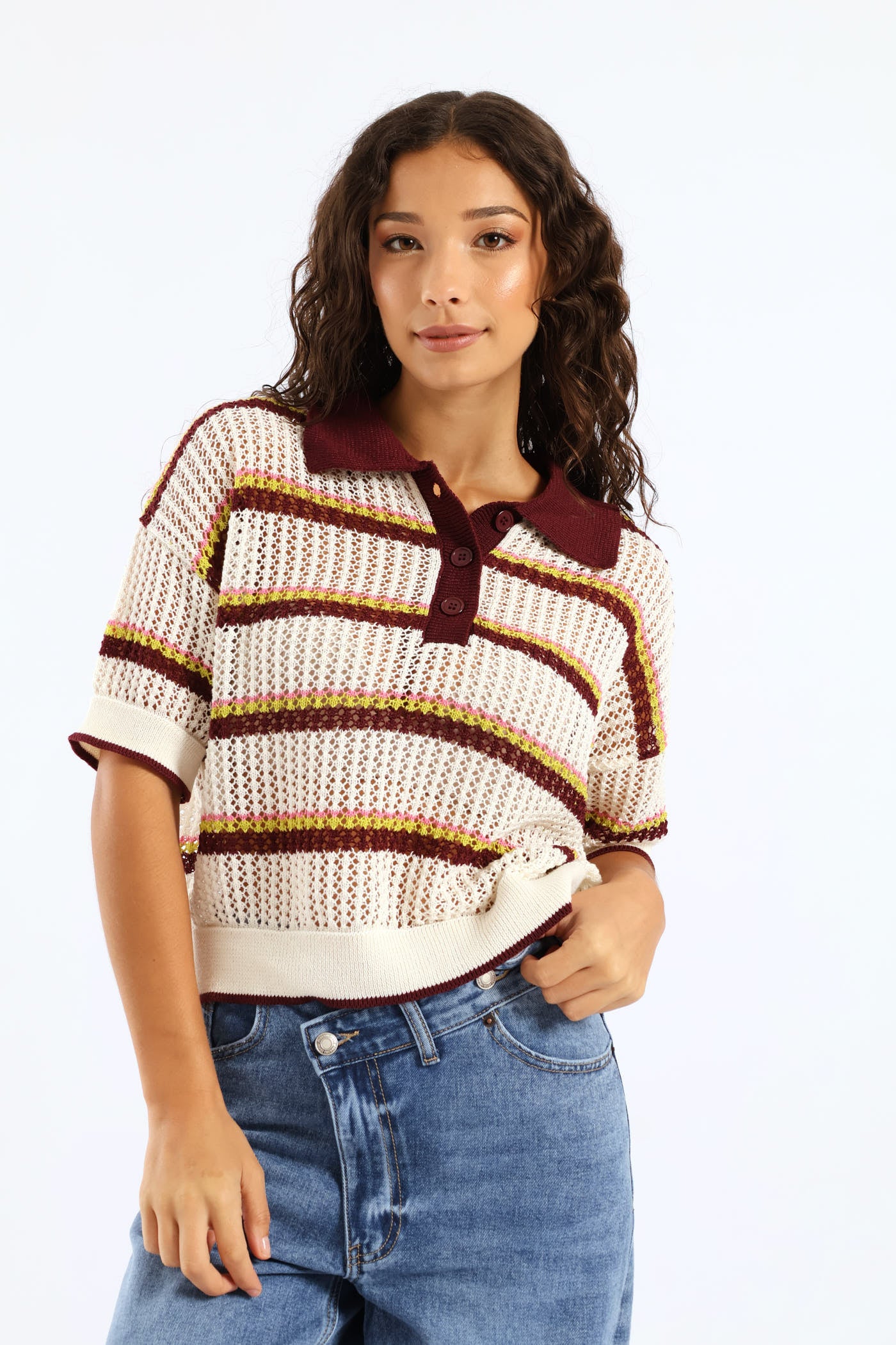 Stripe Knitted Polo Shirt - Burgundy - Image 3