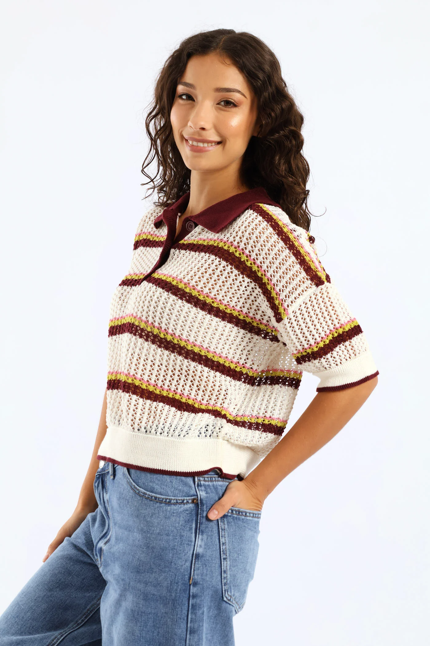 Stripe Knitted Polo Shirt - Burgundy - Image 4