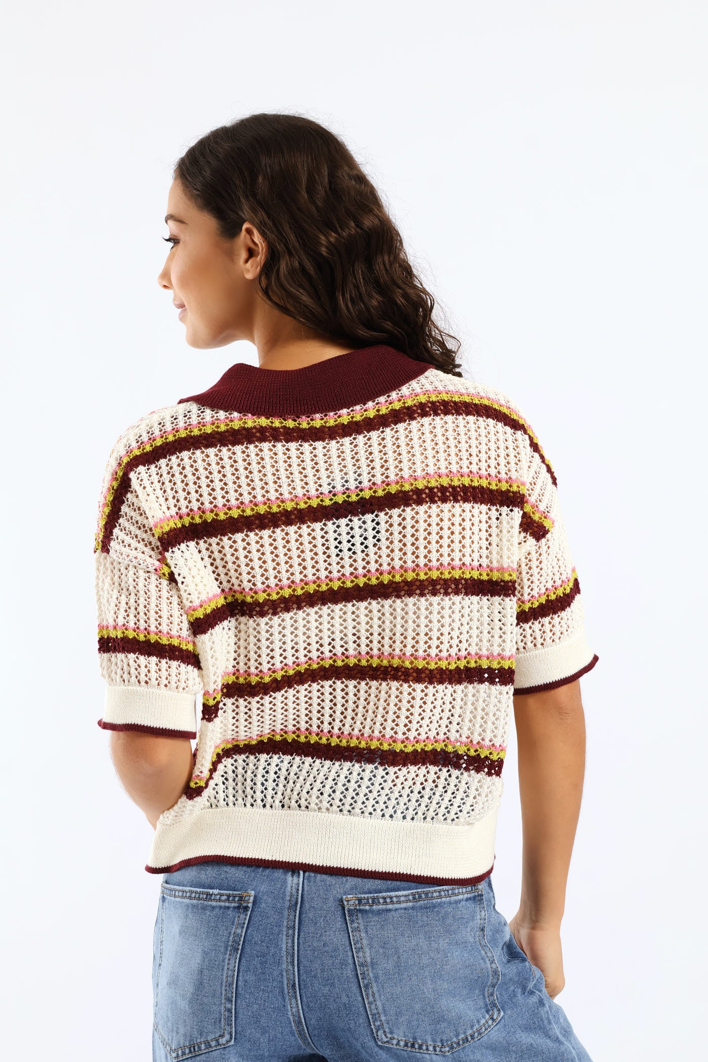 Stripe Knitted Polo Shirt - Burgundy - Image 5