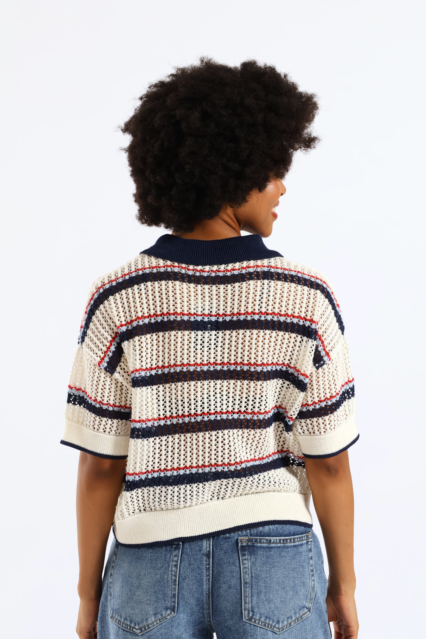 Stripe Knitted Polo Shirt - Cream - Image 2