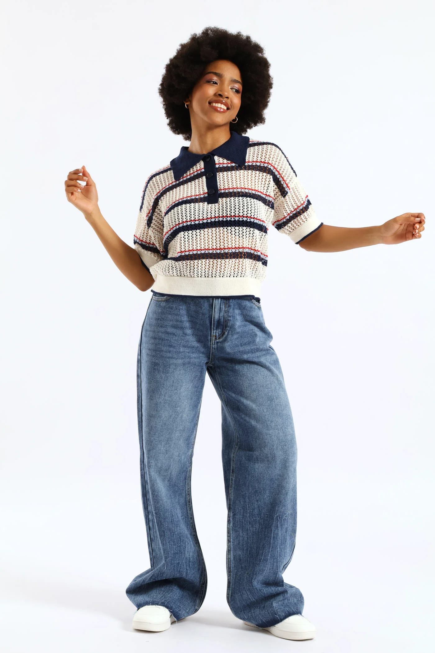 Stripe Knitted Polo Shirt - Cream - Image 3