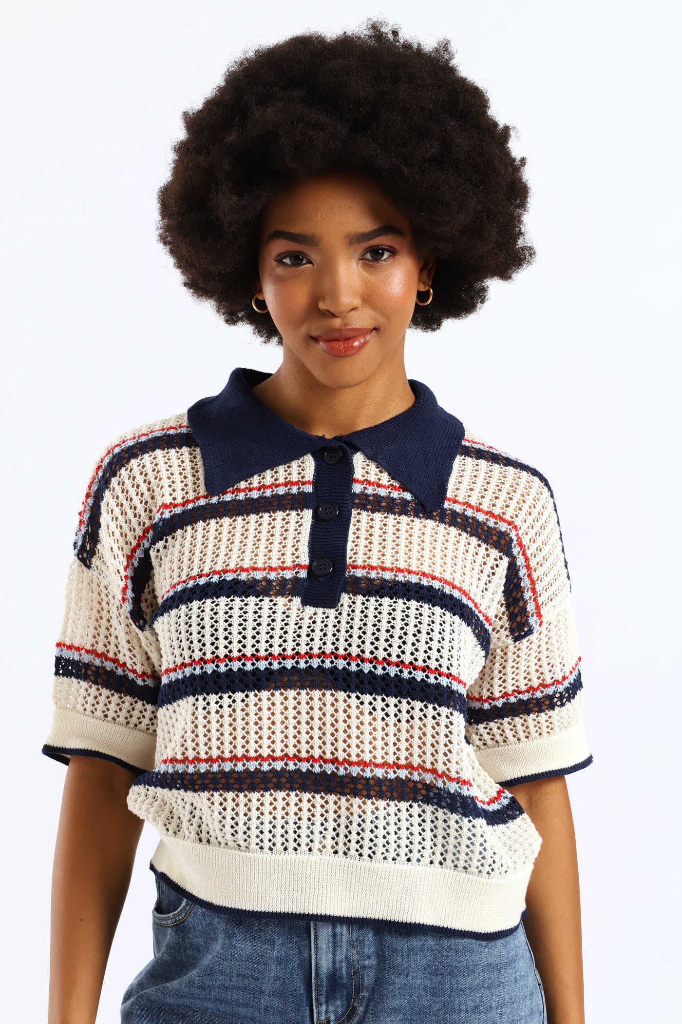 Stripe Knitted Polo Shirt - Cream - Image 4