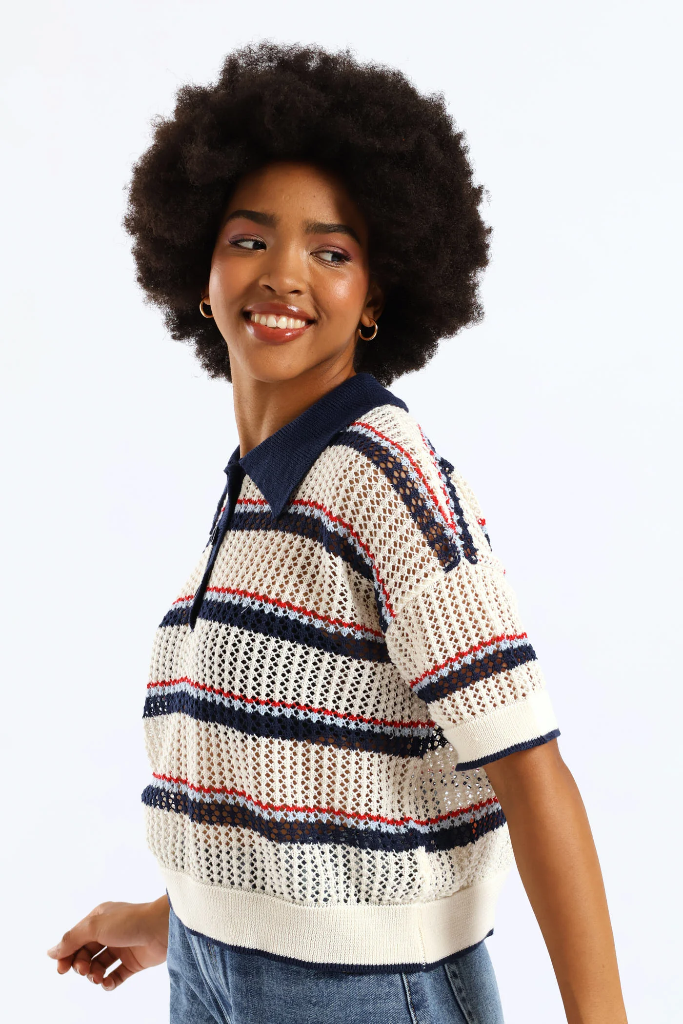 Stripe Knitted Polo Shirt - Cream - Image 5