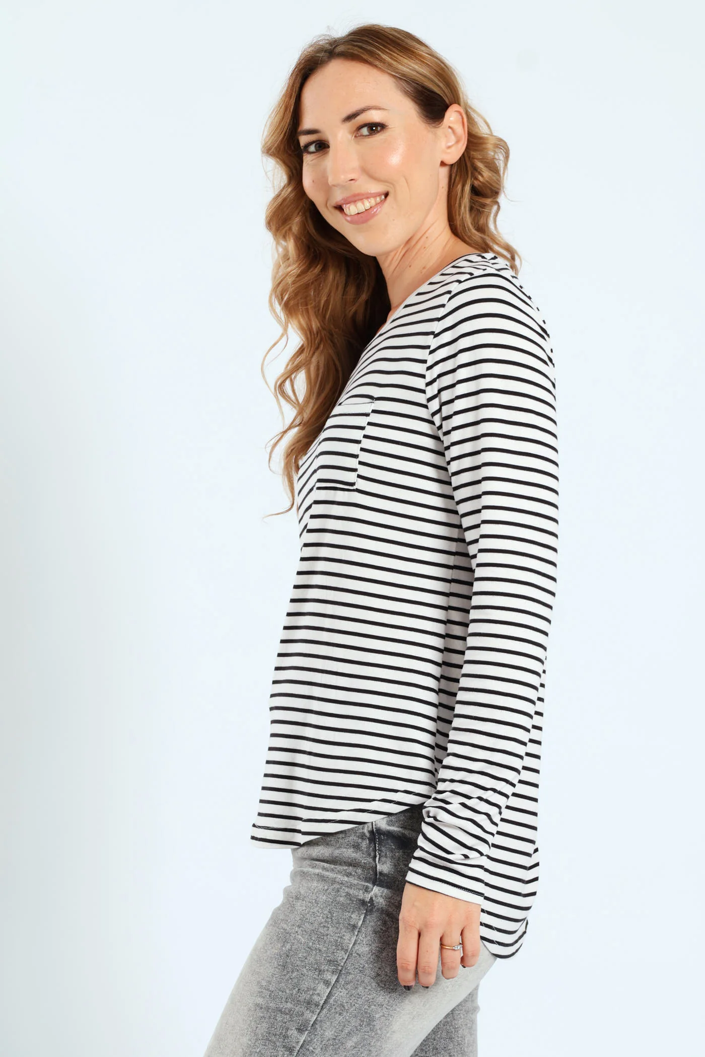 Stripe Pocket Crew Top - Black/Grey - Image 2