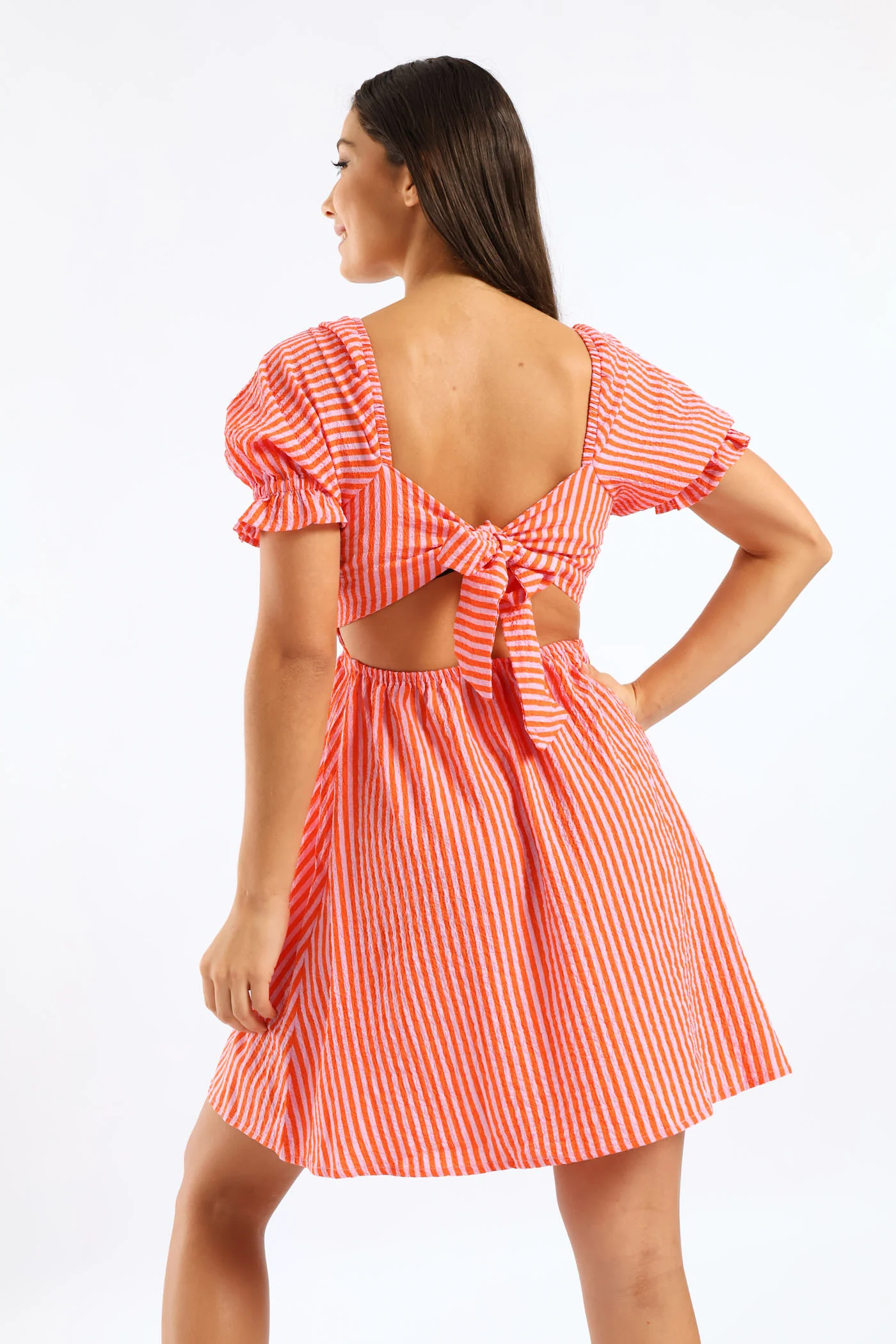 Stripe Puff Sleeve Crinkle Mini Dress - Orange - Image 2
