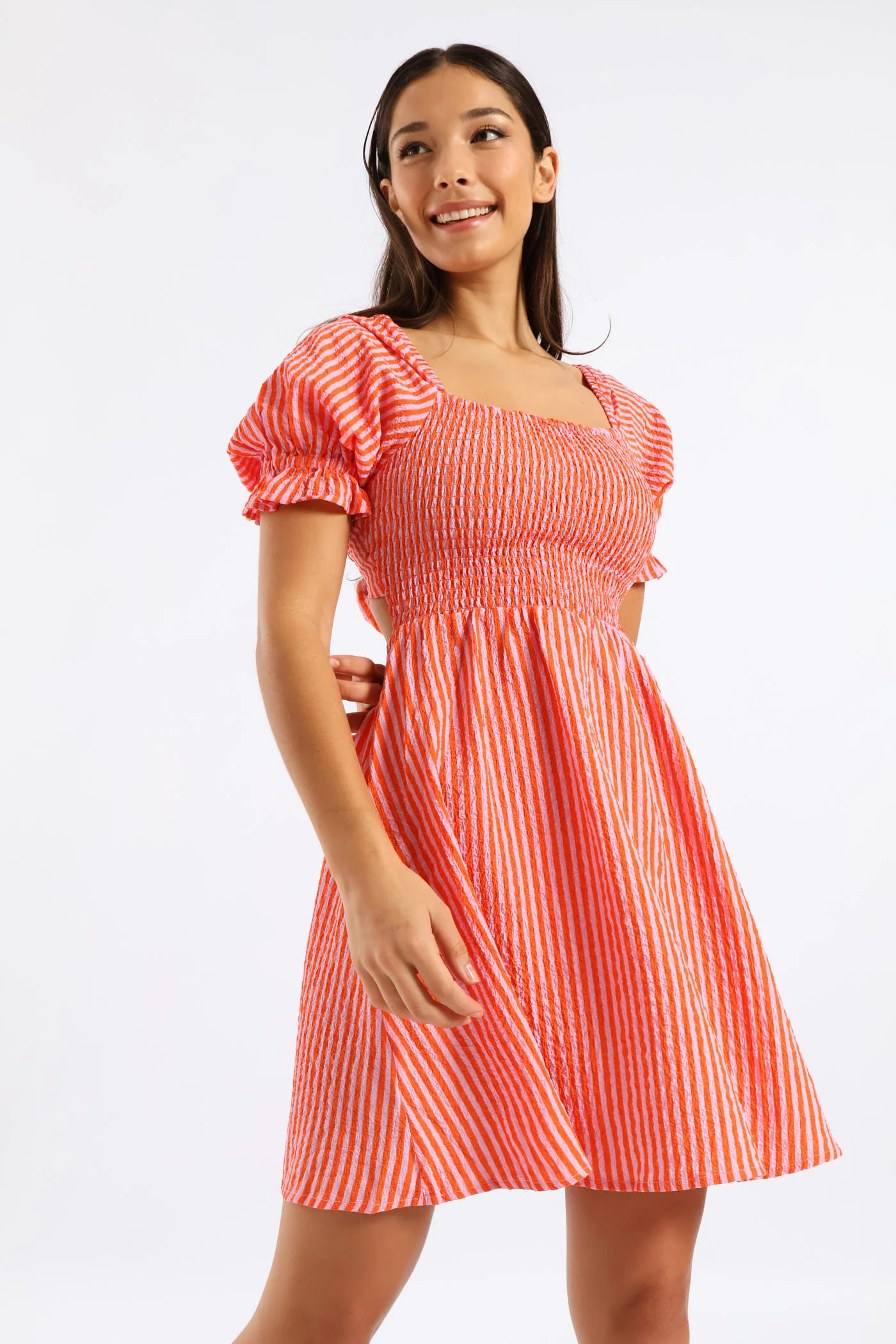 Stripe Puff Sleeve Crinkle Mini Dress - Orange - Image 3