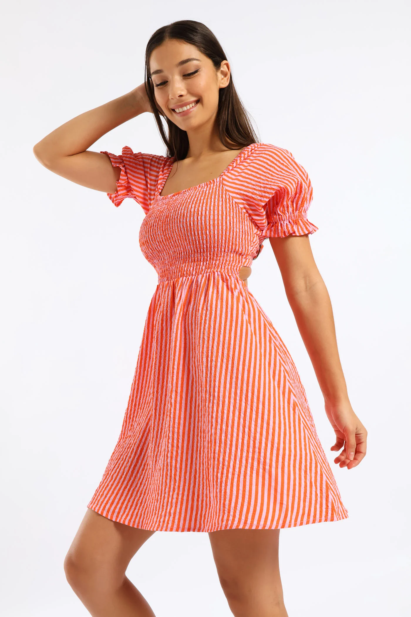 Stripe Puff Sleeve Crinkle Mini Dress - Orange - Image 4