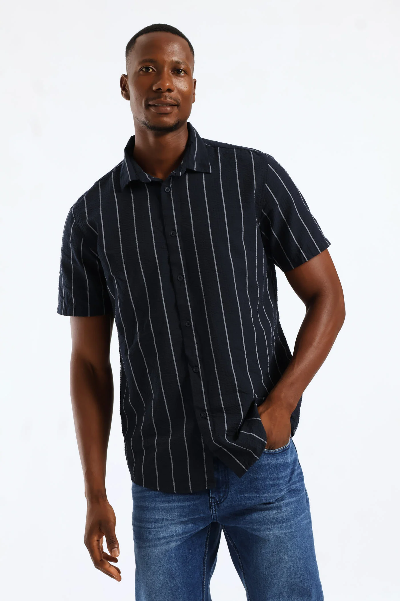 Stripe Seersucker Regular Shirt - Navy/White - Image 3