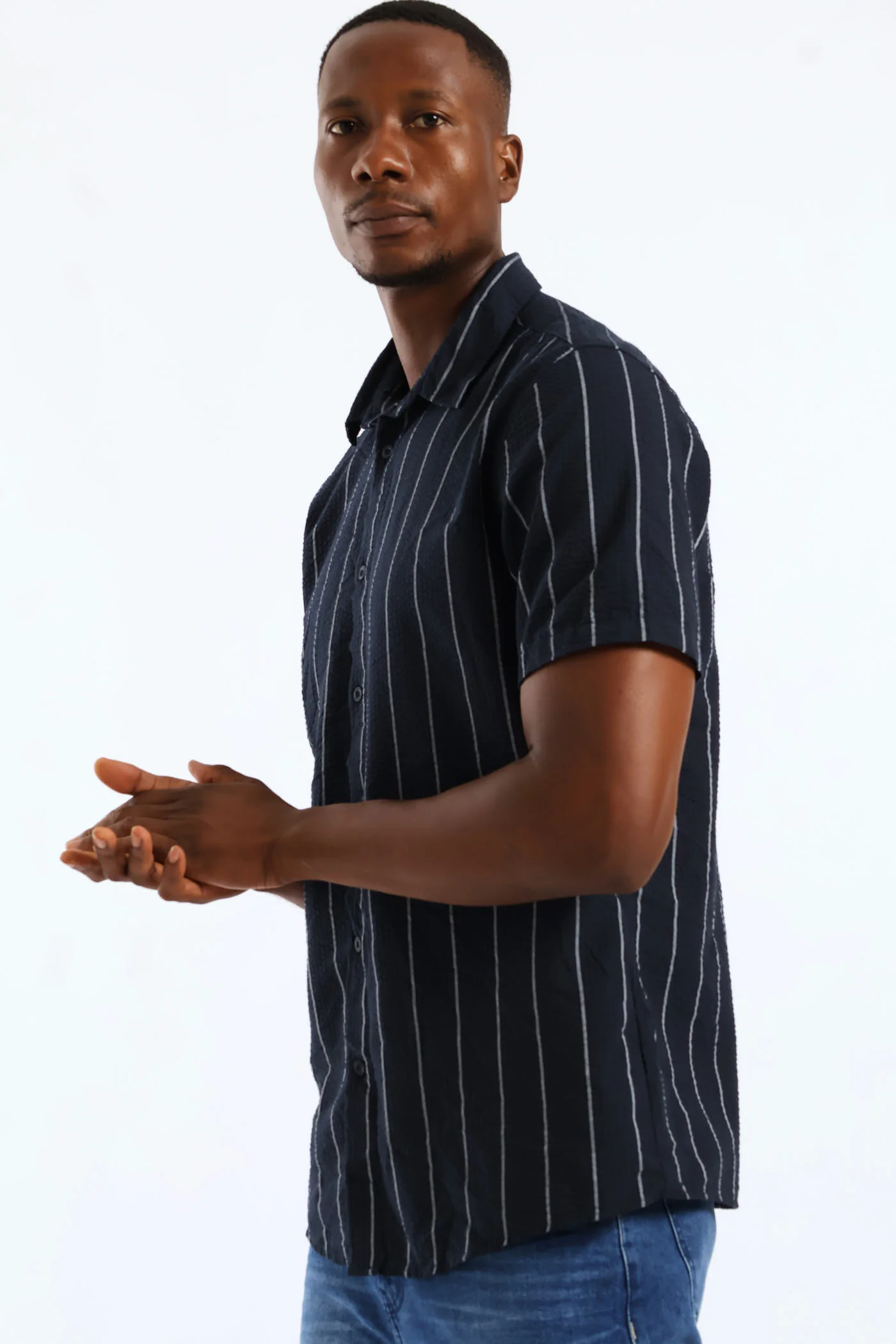 Stripe Seersucker Regular Shirt - Navy/White - Image 4