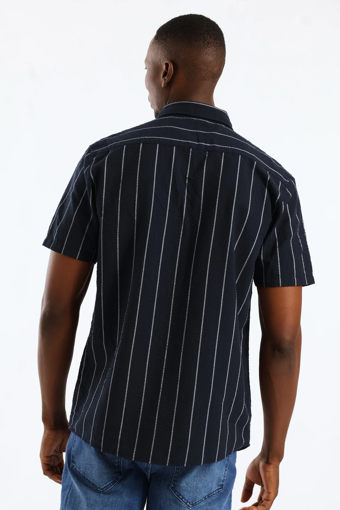 Stripe Seersucker Regular Shirt - Navy/White - Image 5