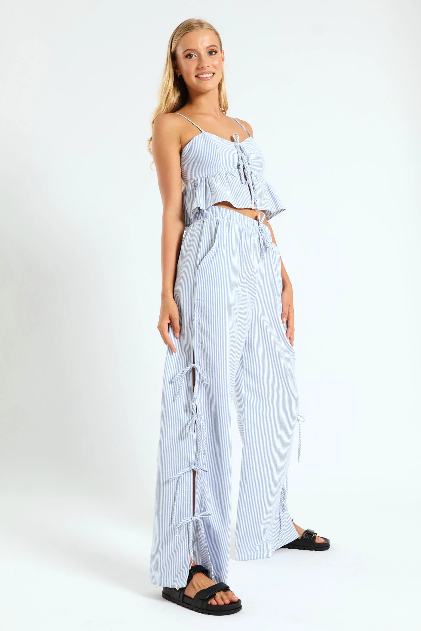 Stripe Side Bow Pants - Blue - Image 2