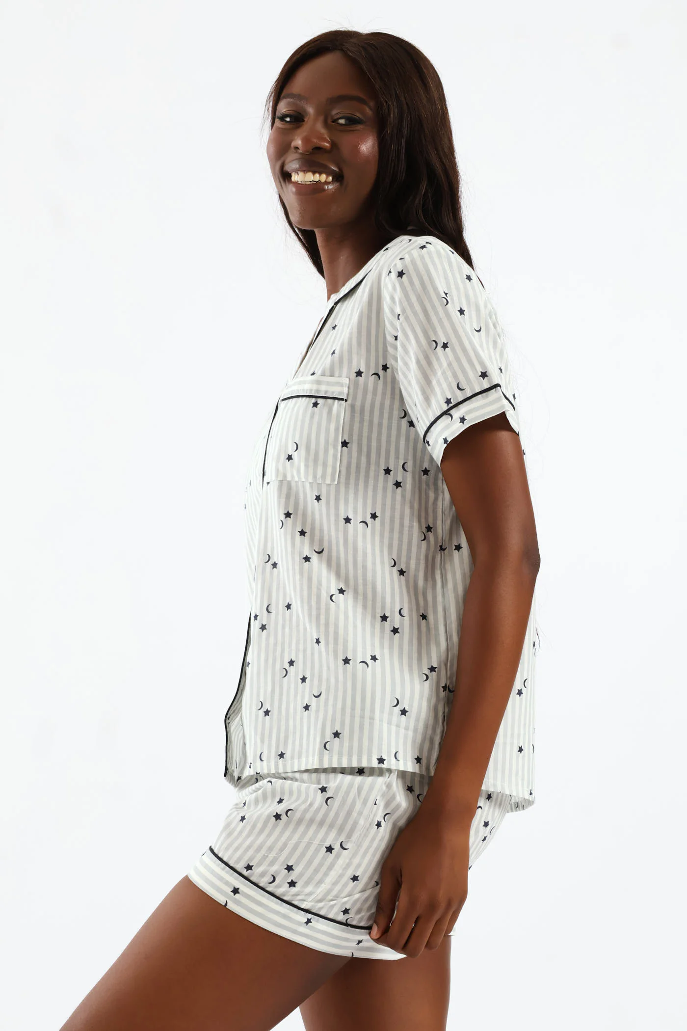 Stripe Stars Button Through & Cotton Short Set - White/Navy - Image 3