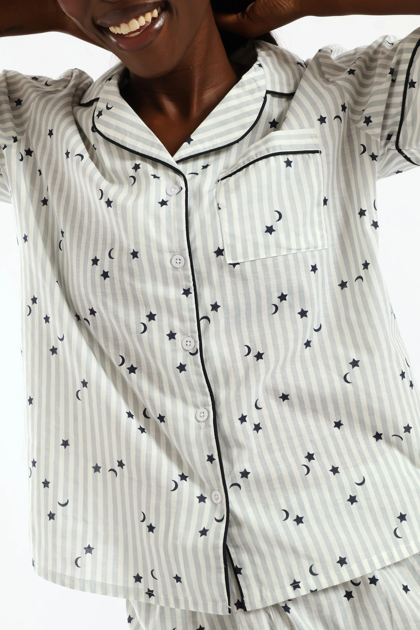 Stripe Stars Button Through & Cotton Short Set - White/Navy - Image 5