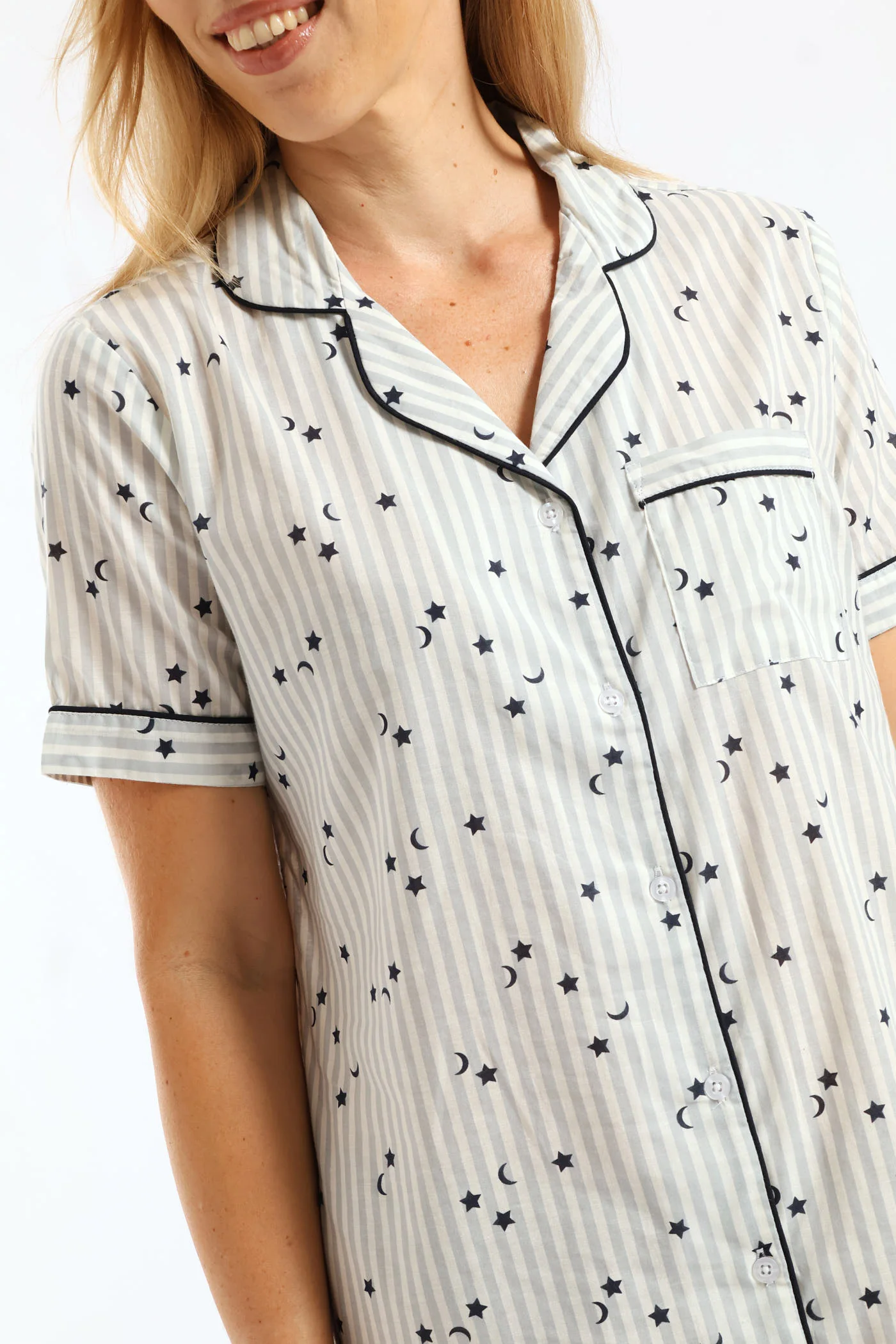 Stripe Stars Button Through Cotton Sleepshirt - White/Blue - Image 2