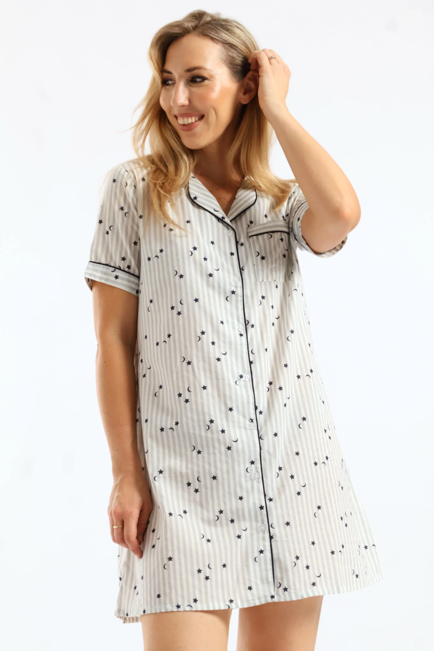 Stripe Stars Button Through Cotton Sleepshirt - White/Blue - Image 3