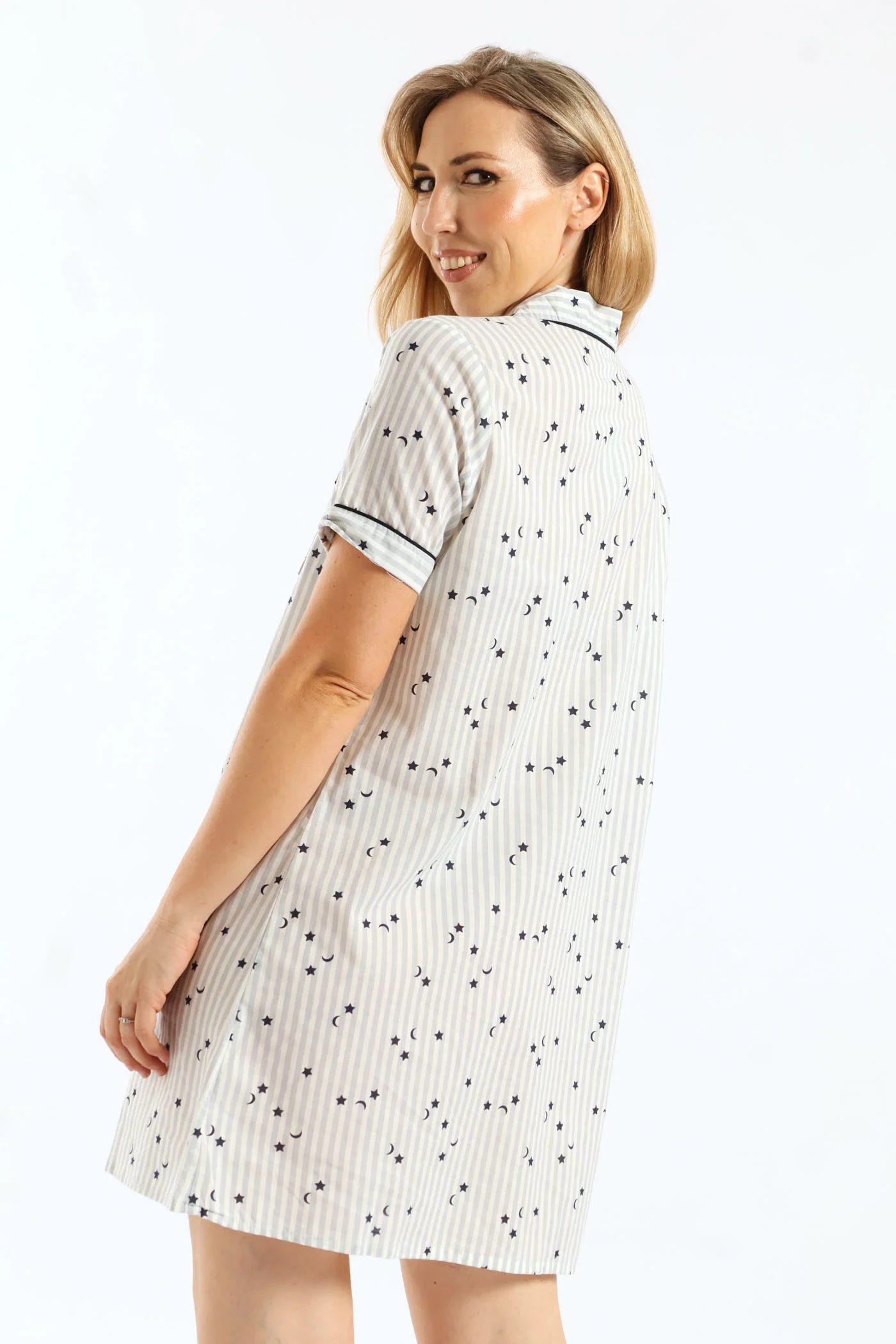 Stripe Stars Button Through Cotton Sleepshirt - White/Blue - Image 5