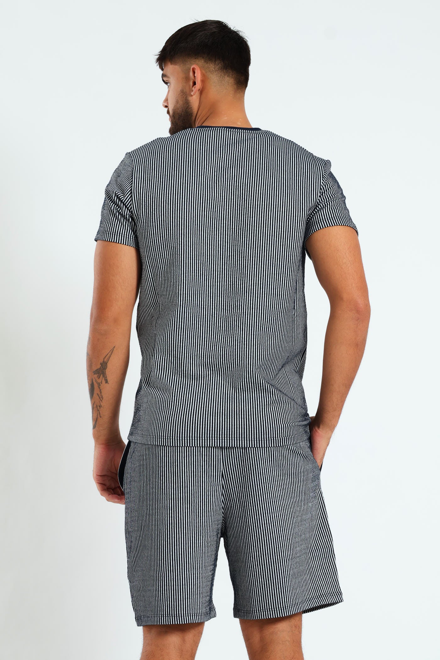 Stripe Surface Interest Top & Short Pj Set - Navy - Image 3