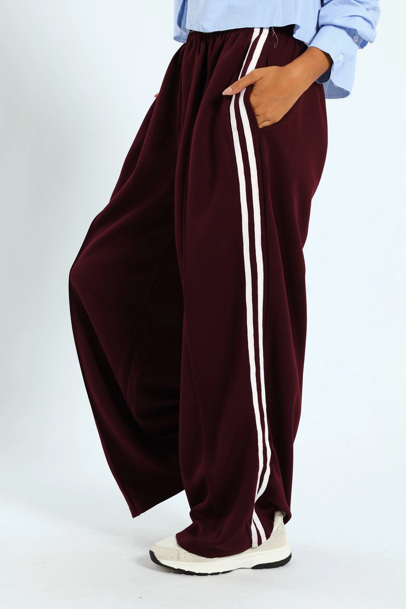 Stripe Tricot Wide Leg Trackpants - Burgundy - Image 4