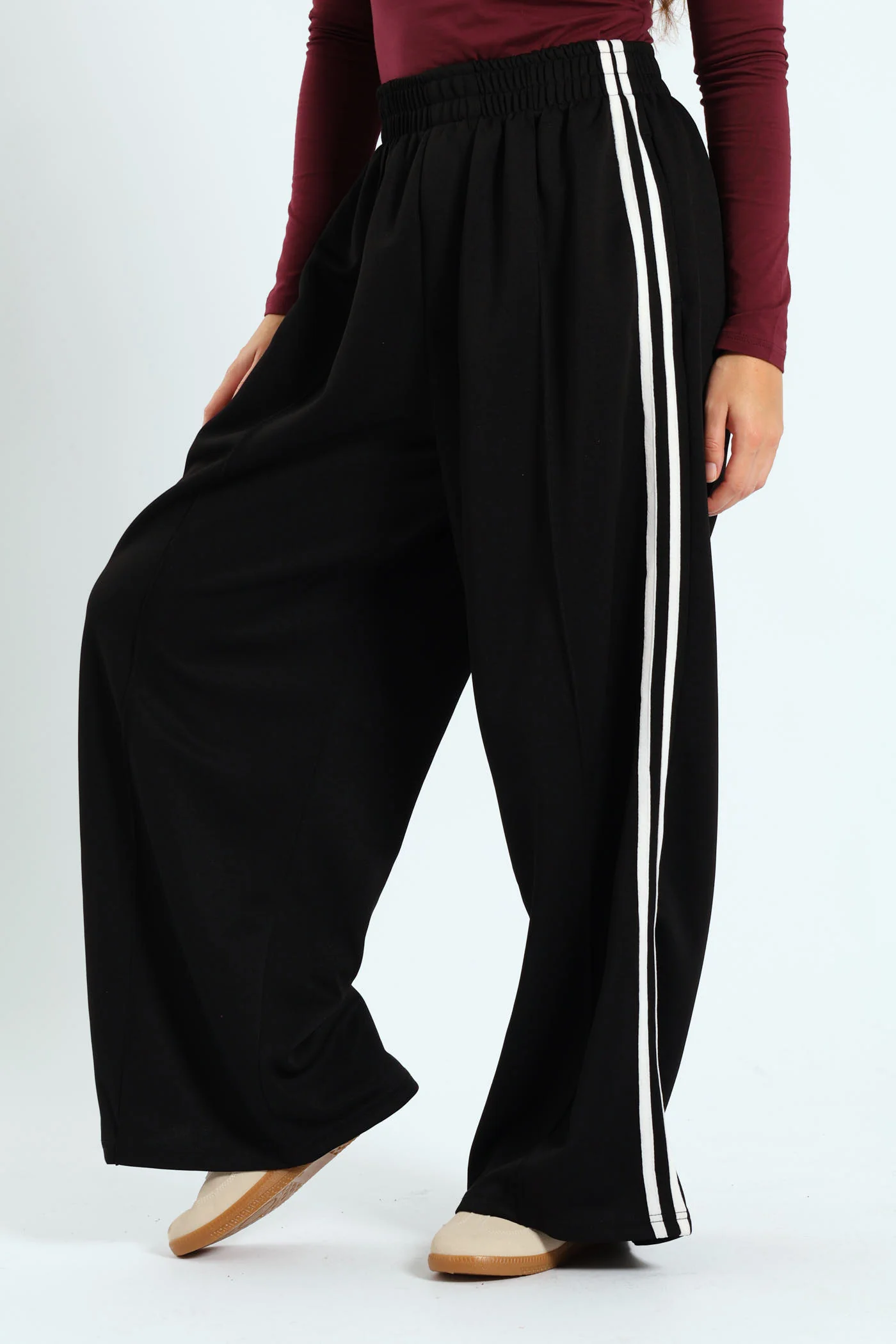 Stripe Tricot Wide Leg Trackpants - Black - Image 4