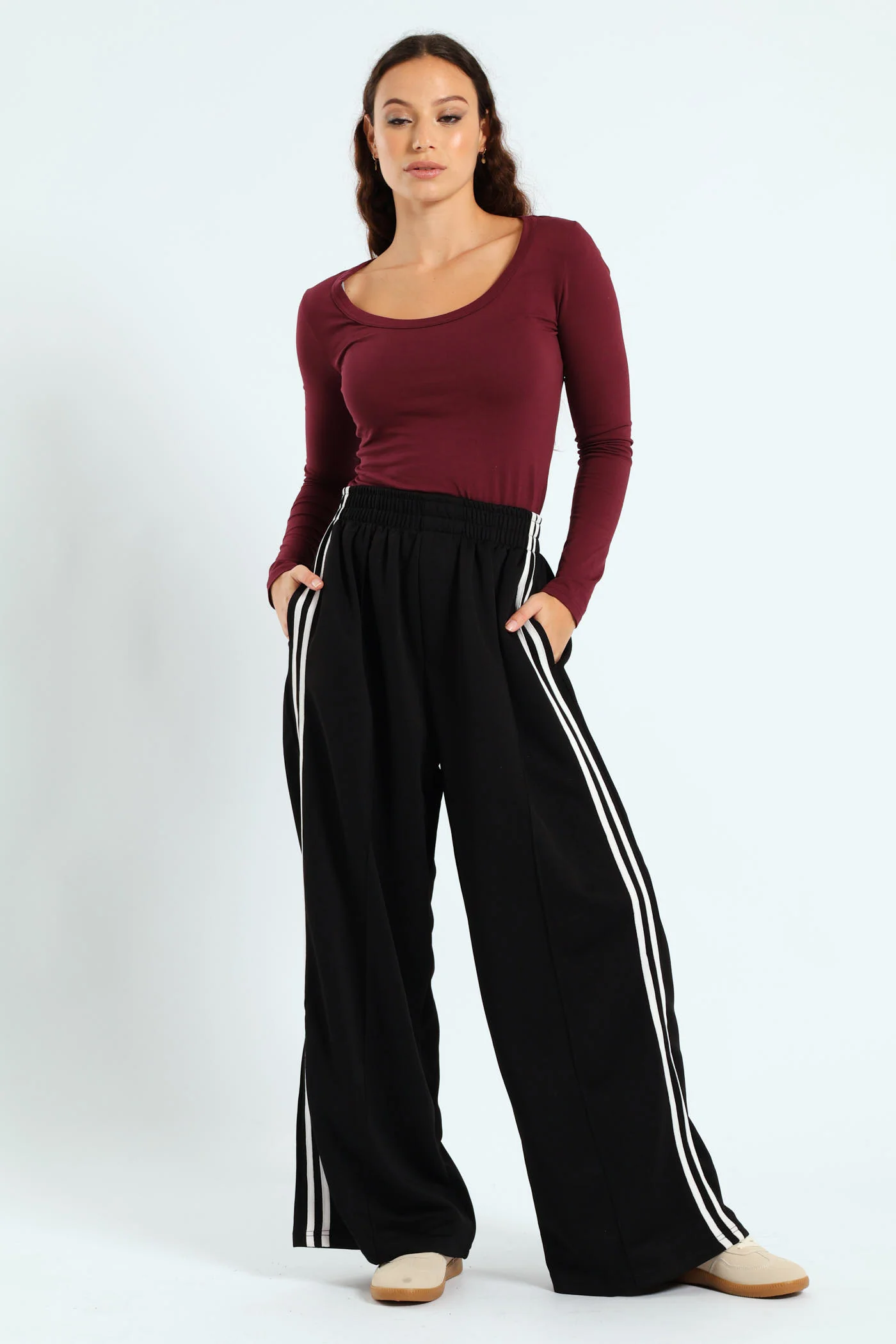Stripe Tricot Wide Leg Trackpants - Black - Image 5