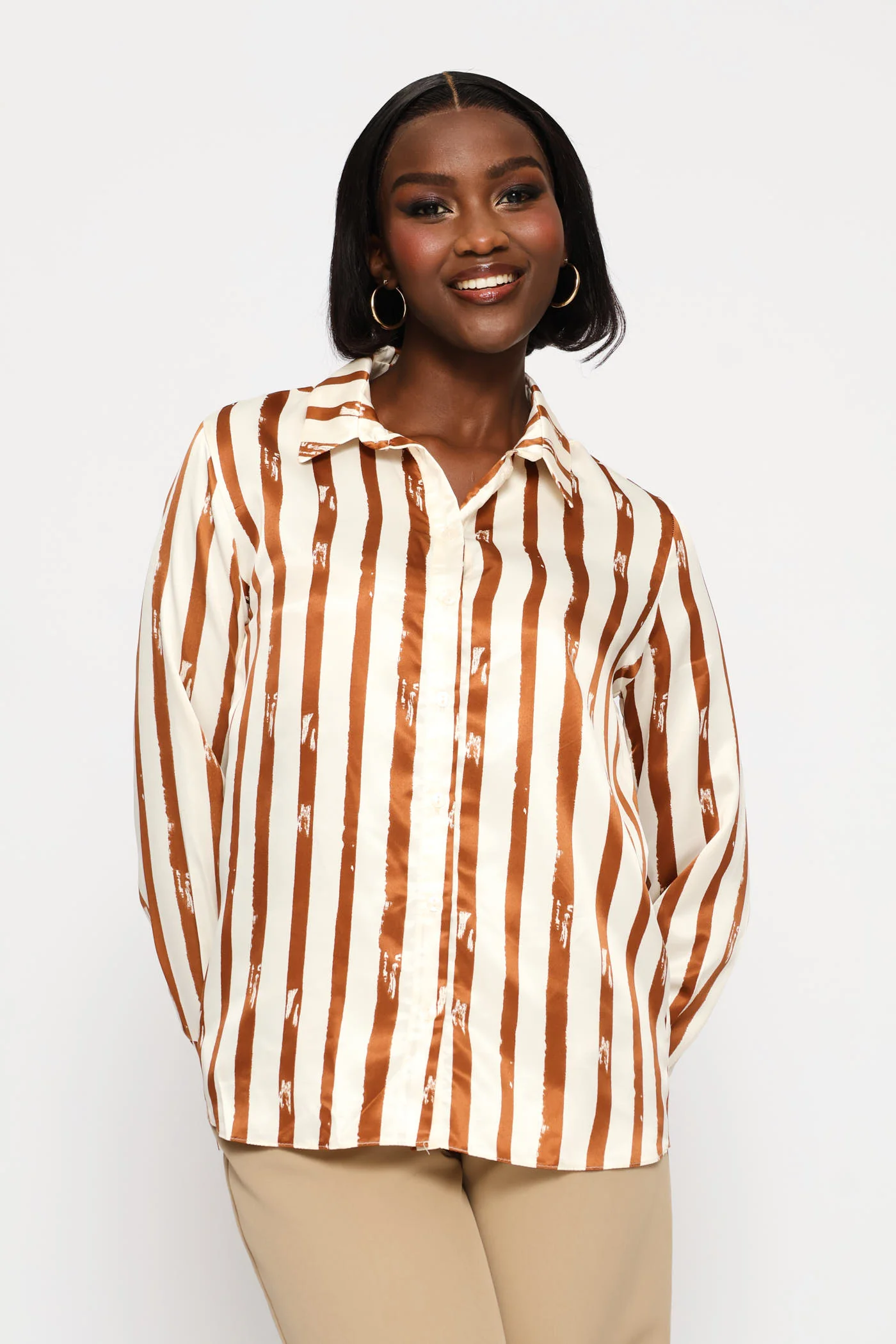 Striped Abstract Satin Shirt - Cream - Image 3