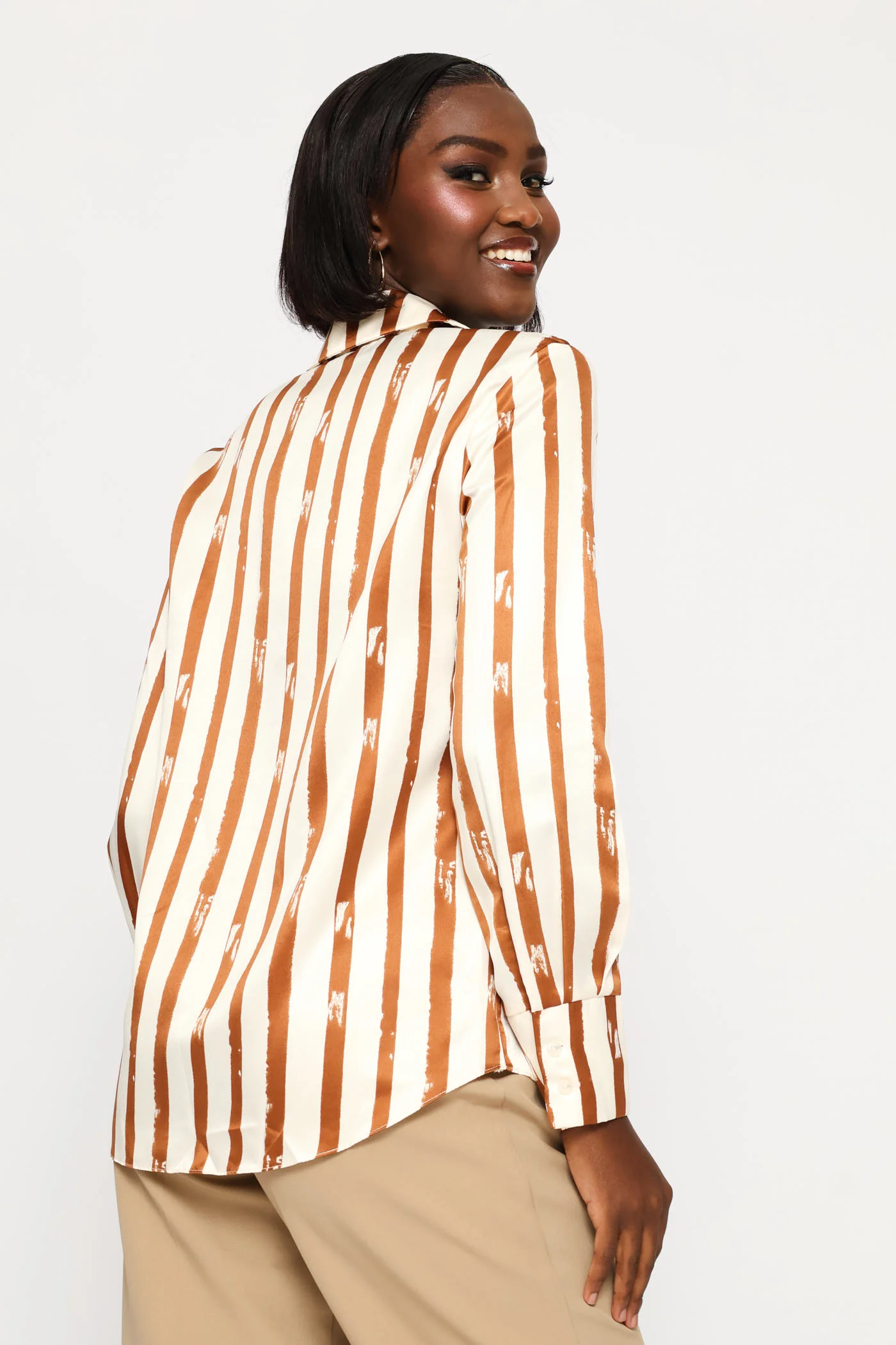 Striped Abstract Satin Shirt - Cream - Image 4