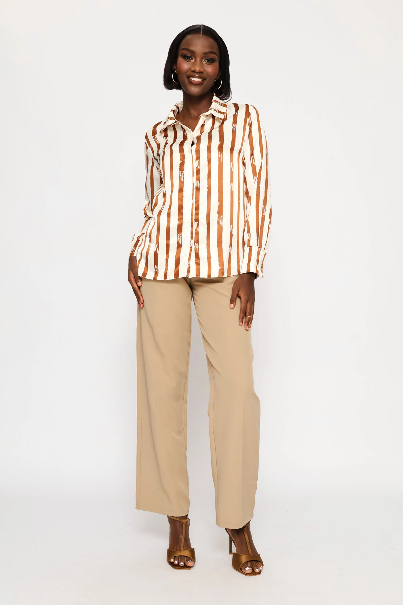 Striped Abstract Satin Shirt - Cream - Image 5