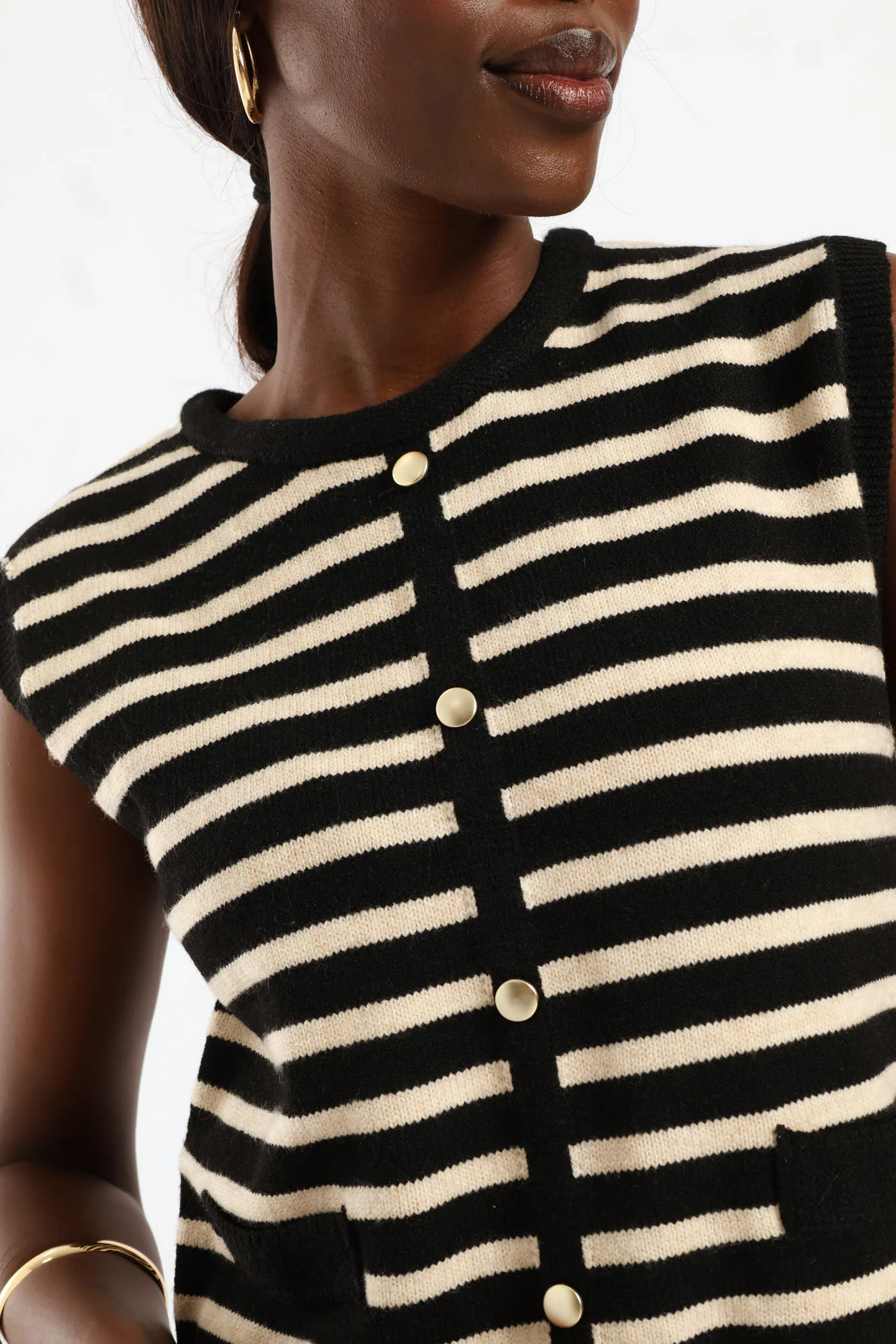 Striped Button Through Vest - Black/Cream - Image 2
