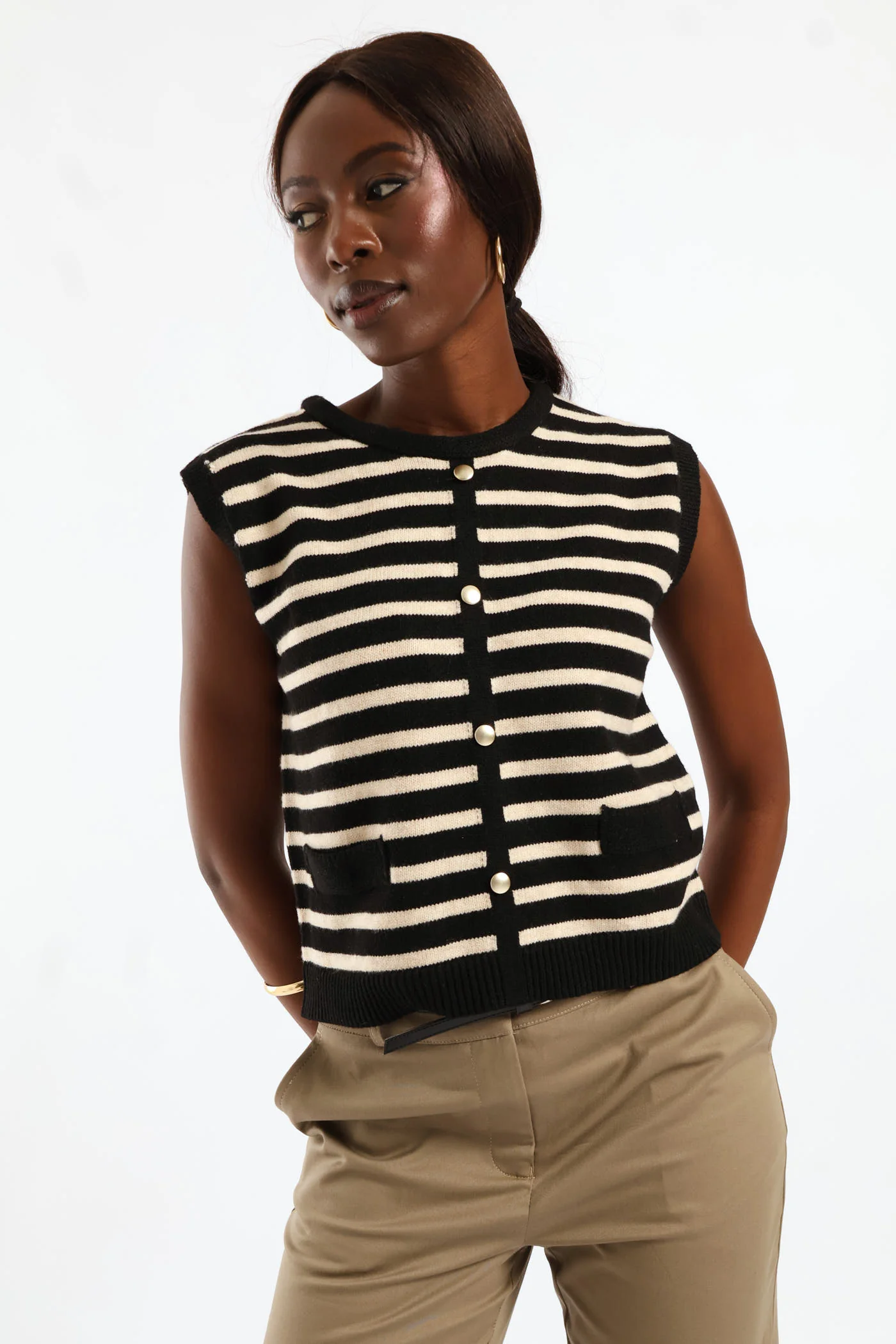 Striped Button Through Vest - Black/Cream - Image 3