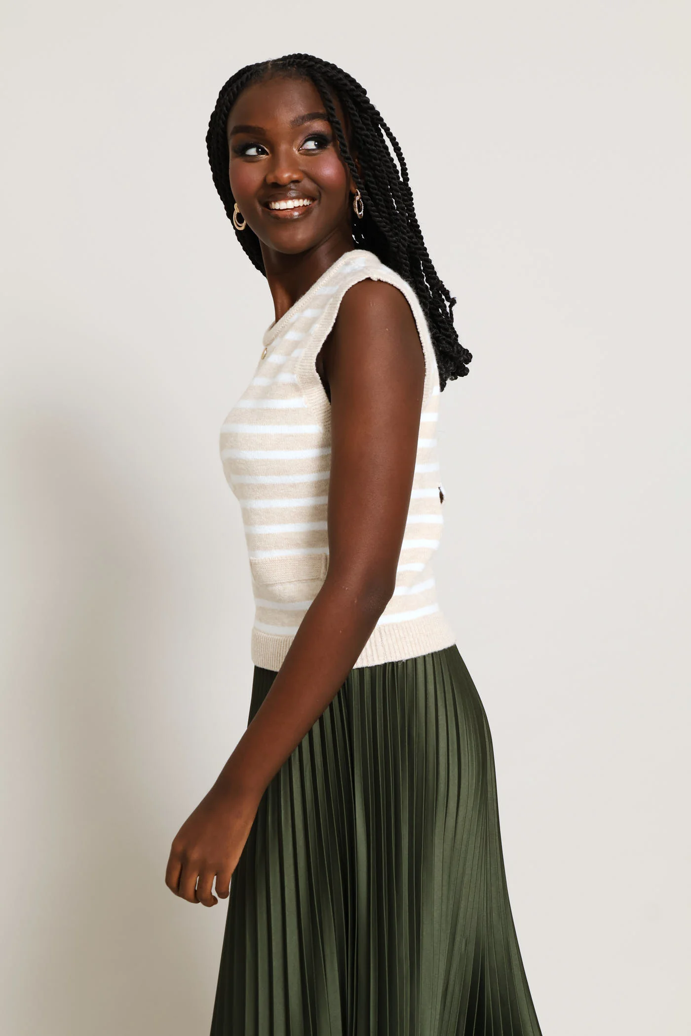Striped Button Through Vest - Latte - Image 3