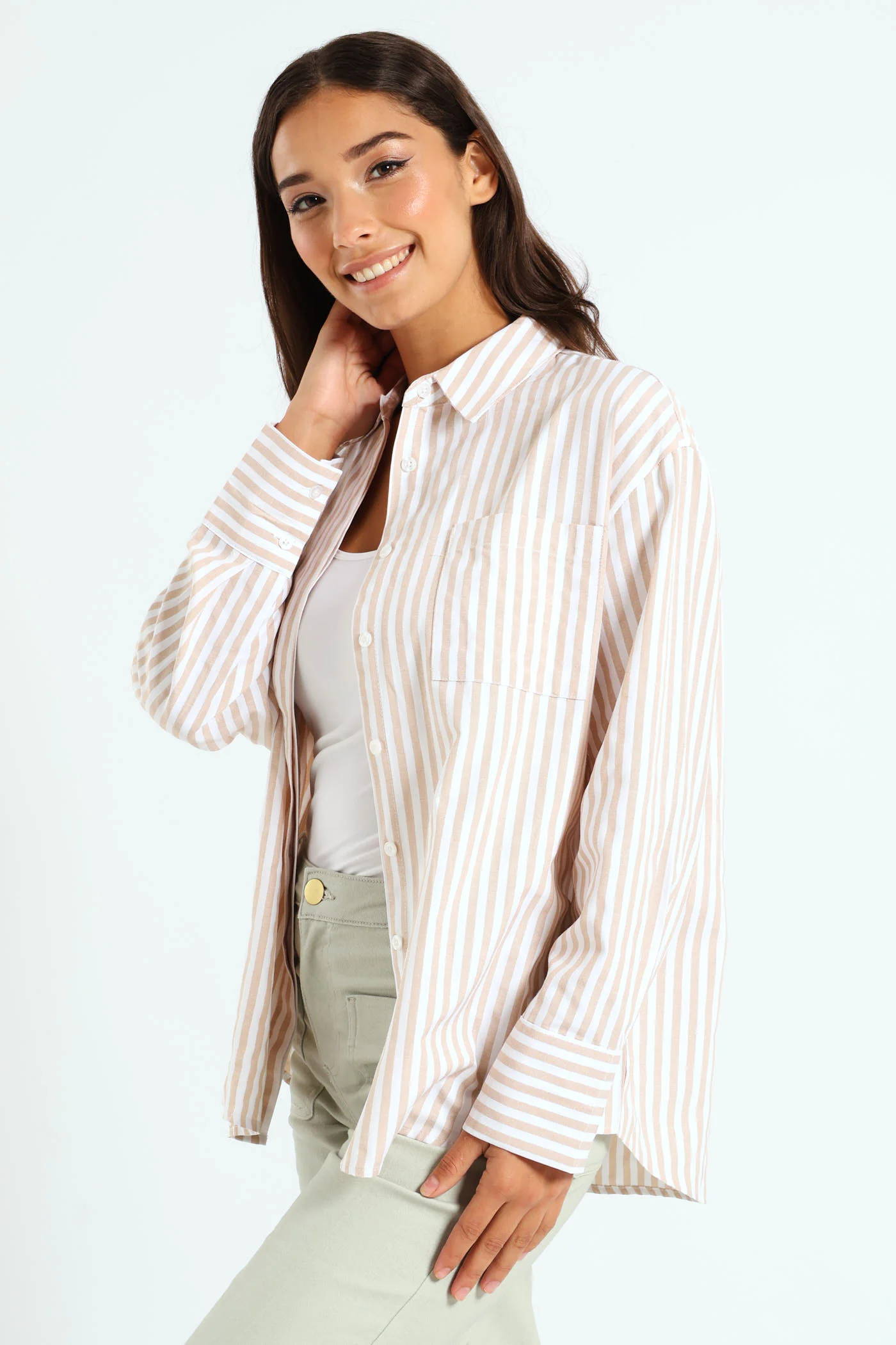 Striped Button Thru Shirt - Stone - Image 3
