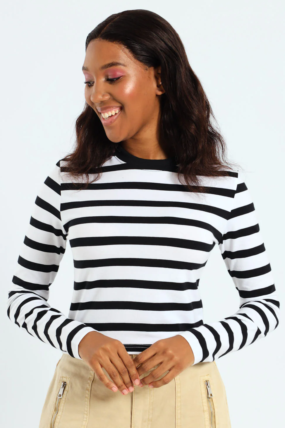 Striped Long Sleeve Basic Tee - Black/White - Image 4