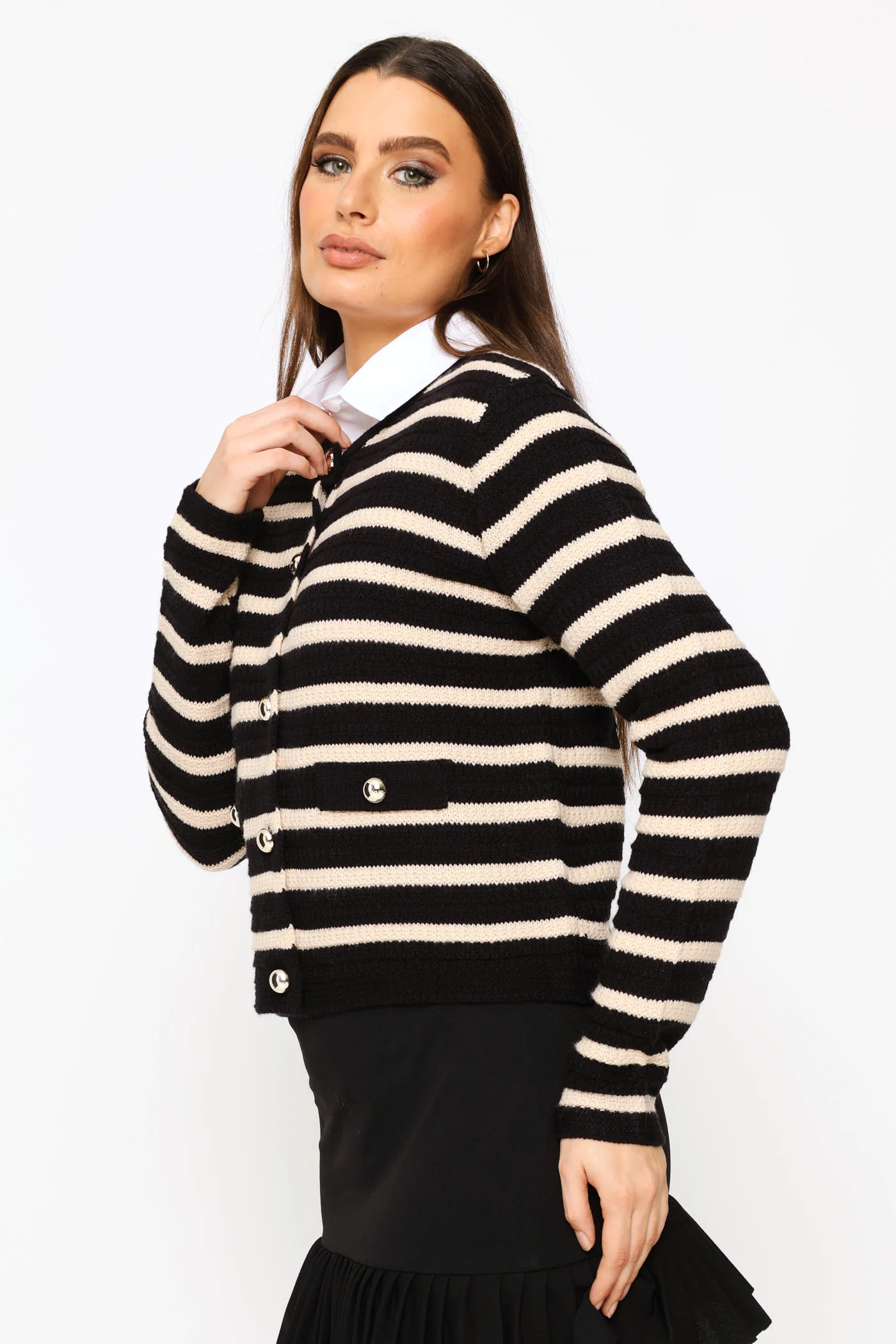 Striped Long Sleeve Textured Cardigan - Black - Image 3