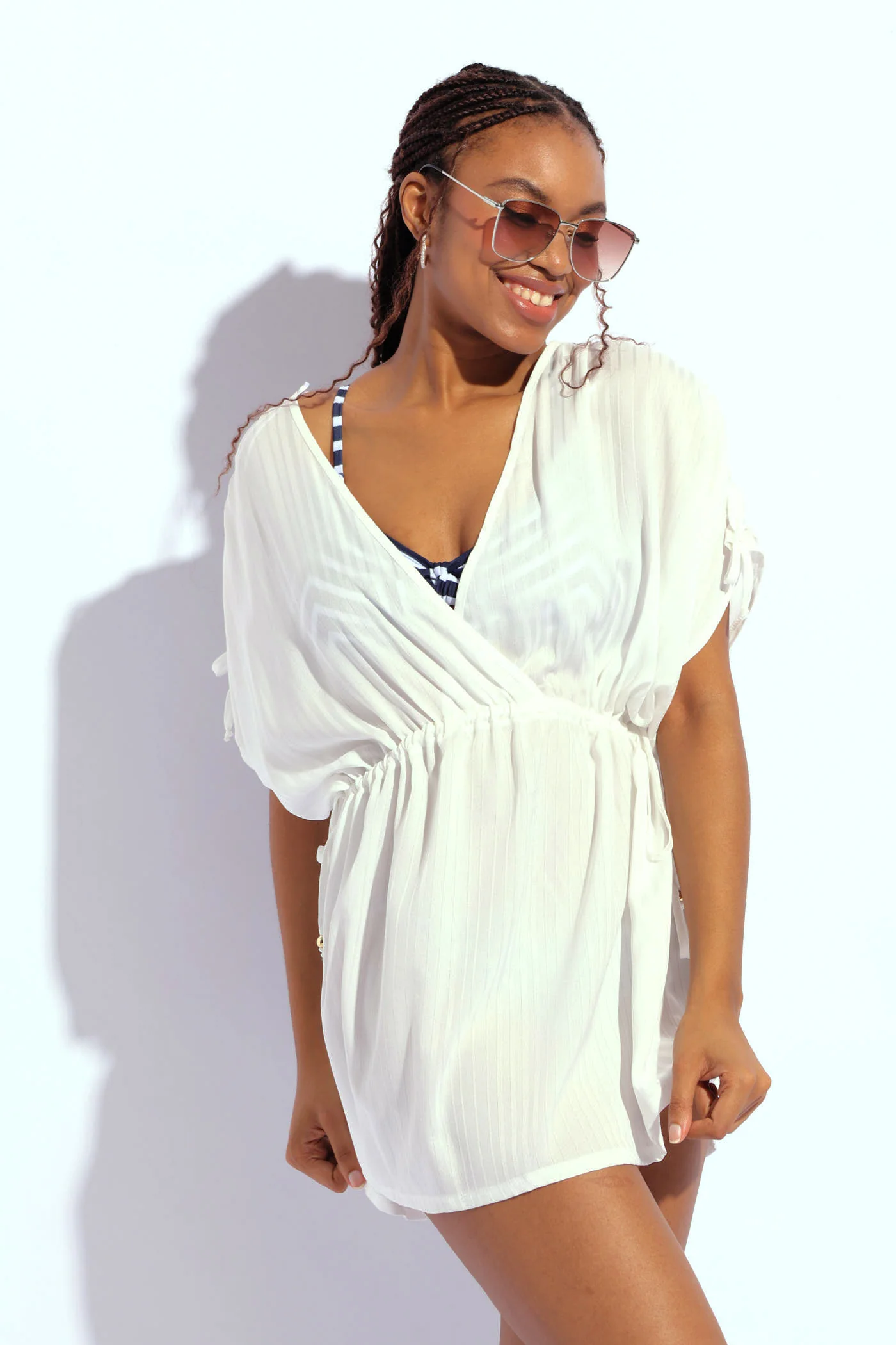 Striped Lurex Chiffon Kimono - White - Image 4