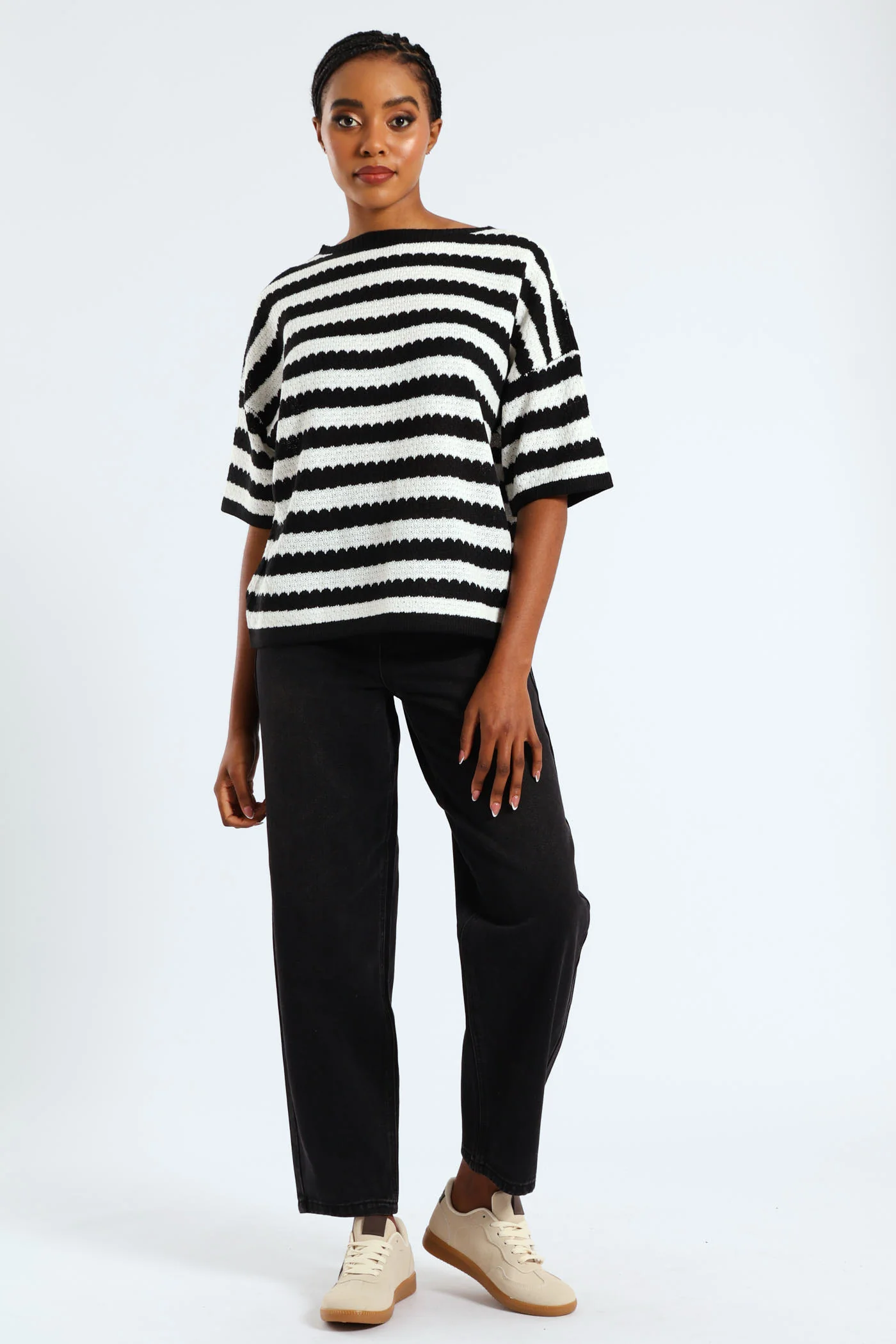 Striped Relaxed Pointelle Tee - Black/Cream - Image 2