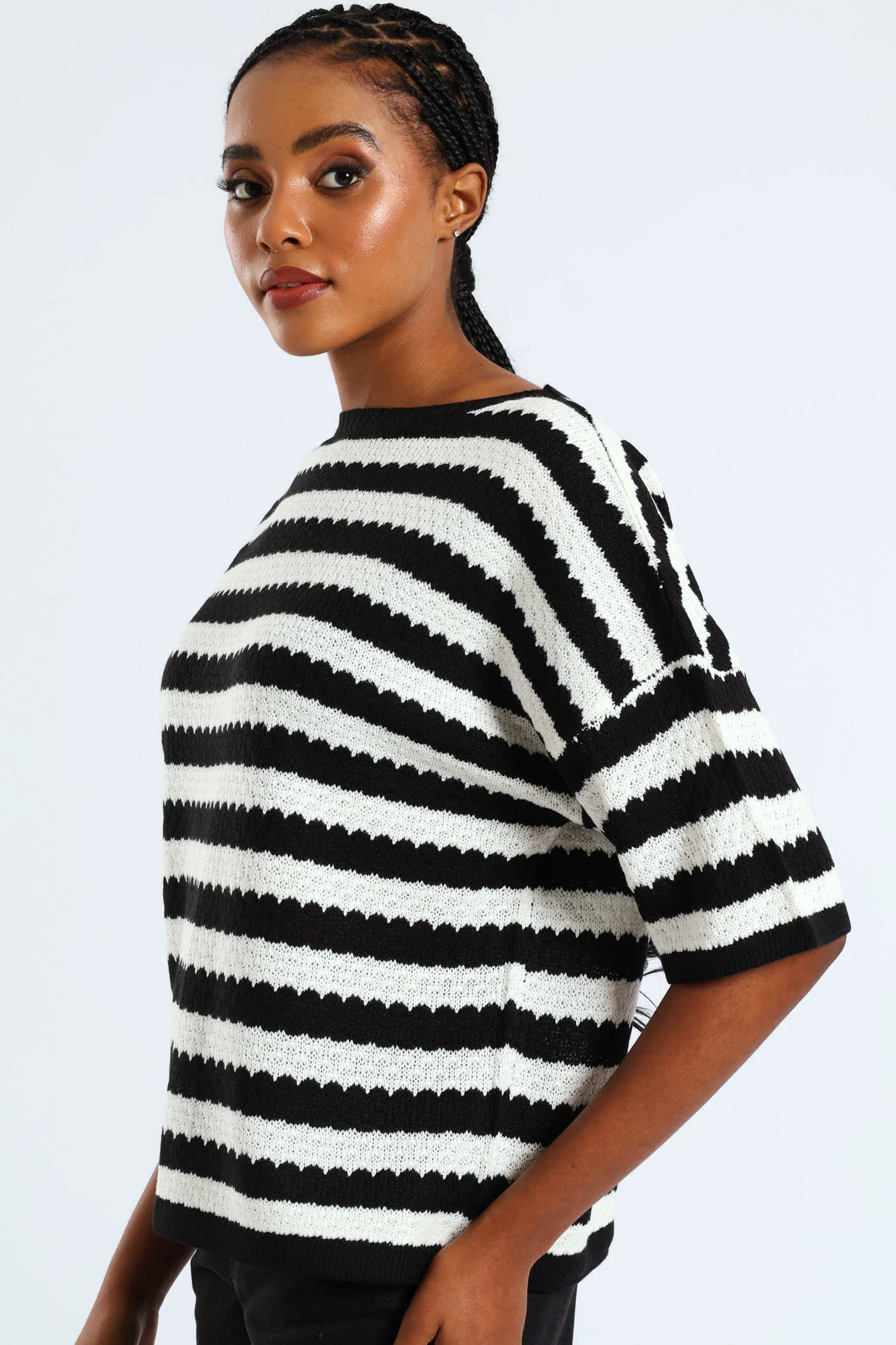 Striped Relaxed Pointelle Tee - Black/Cream - Image 3