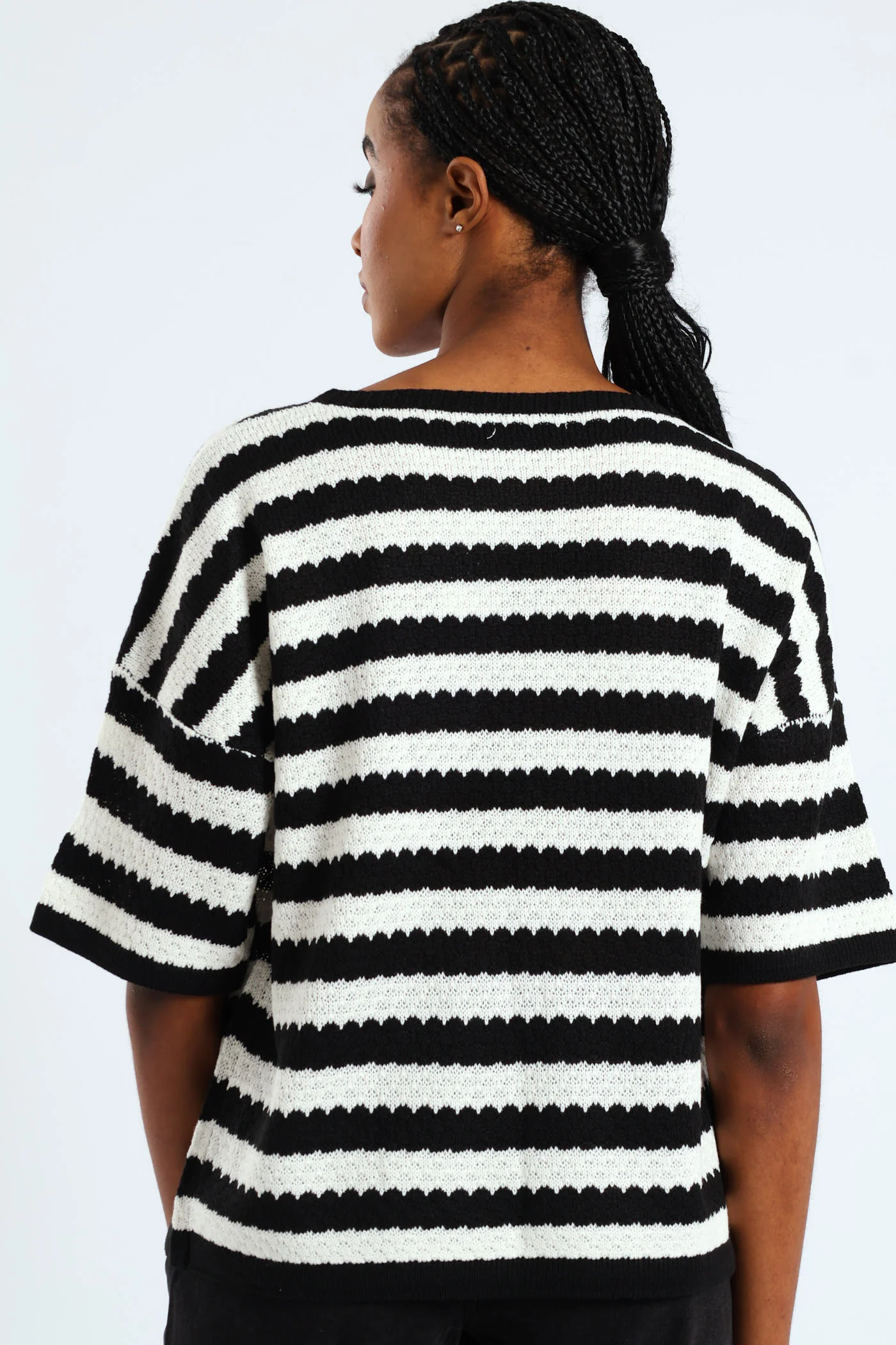 Striped Relaxed Pointelle Tee - Black/Cream - Image 4