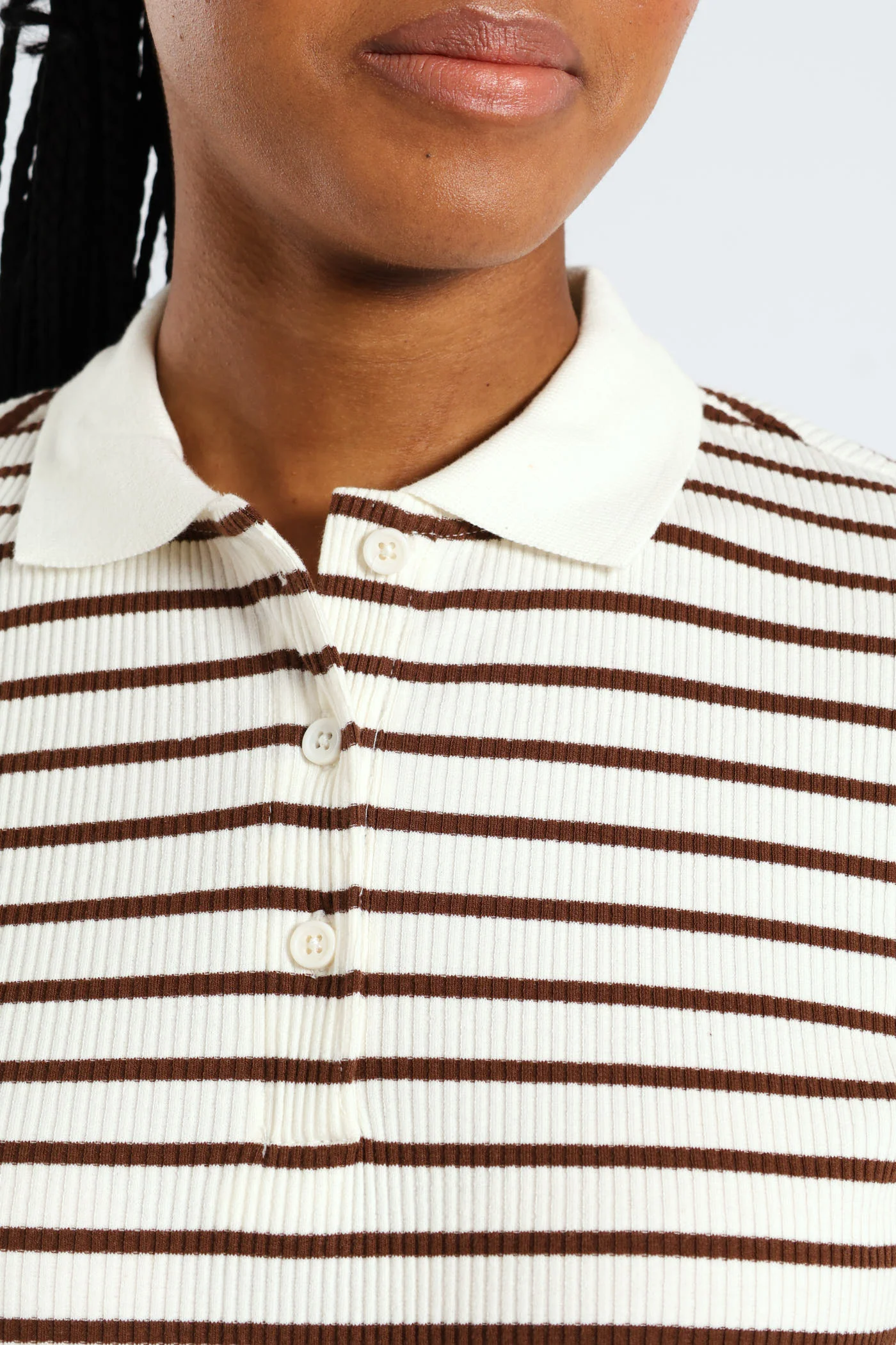 Striped Rib Collar Tee - White/Mocha - Image 5