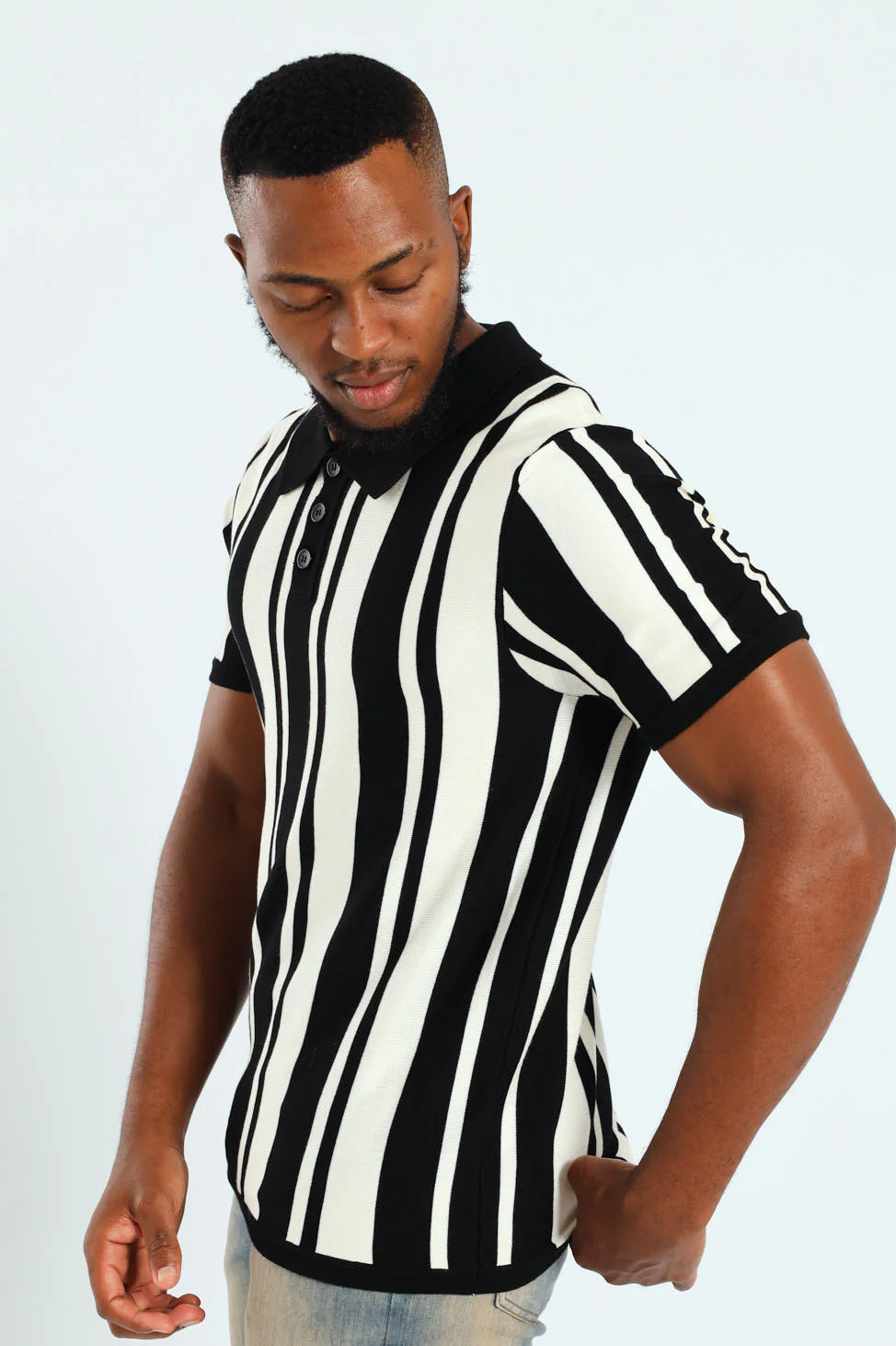 Striped Textured Knit Golfer - Ecru - Image 2