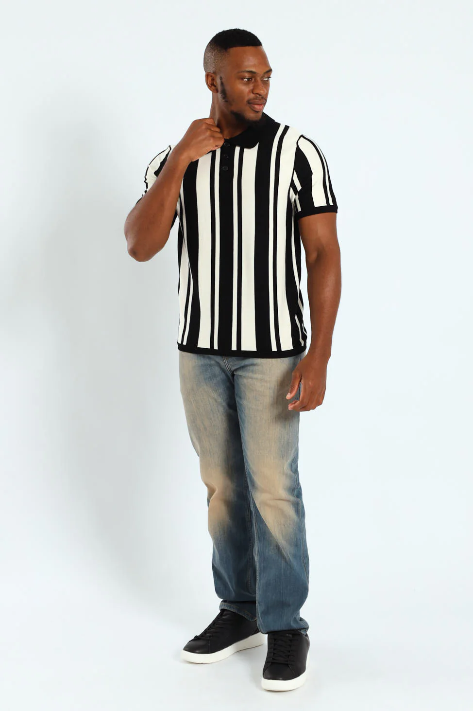 Striped Textured Knit Golfer - Ecru - Image 4