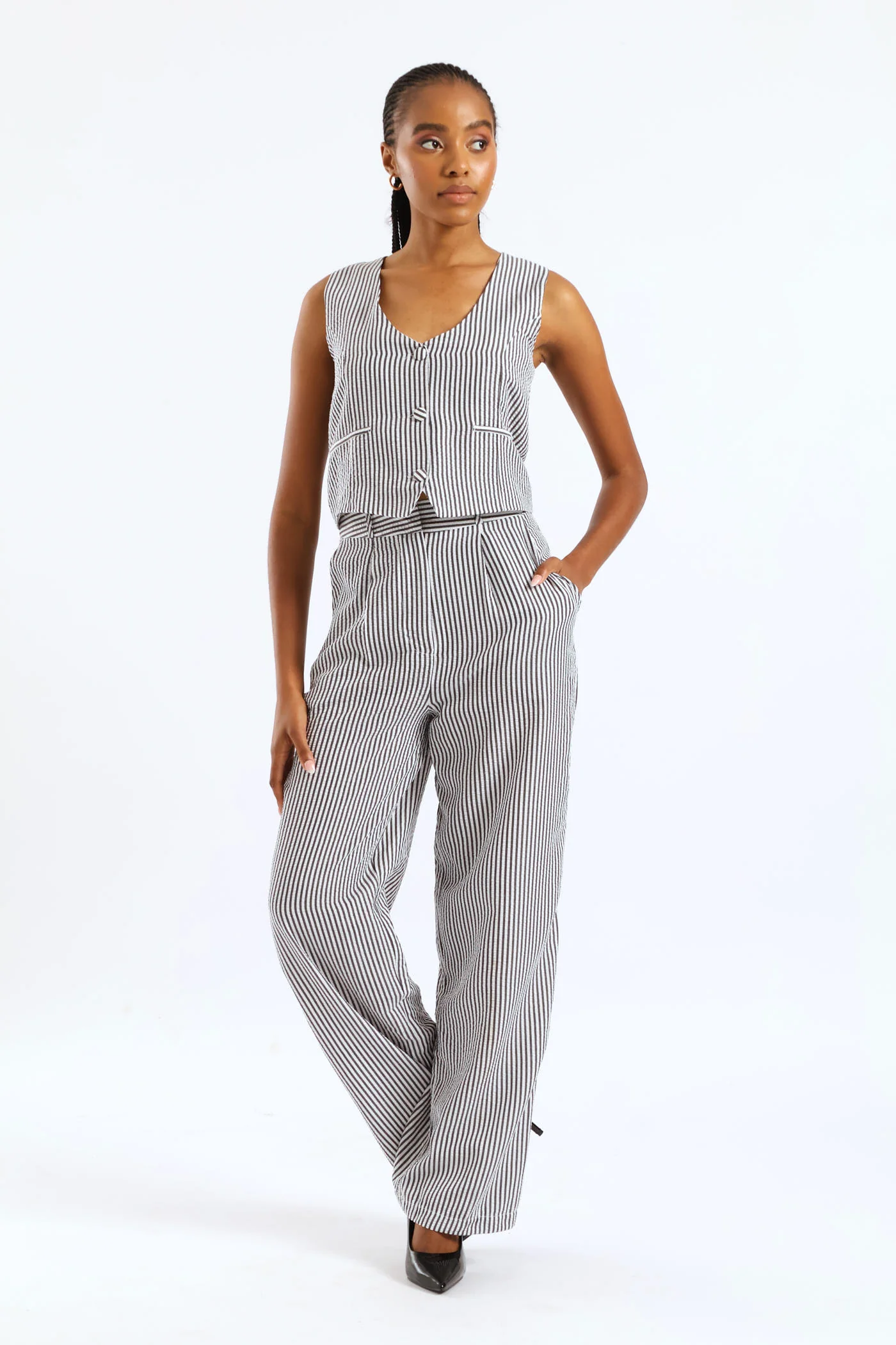 Striped Wide Leg Pant - Charcoal - Image 3