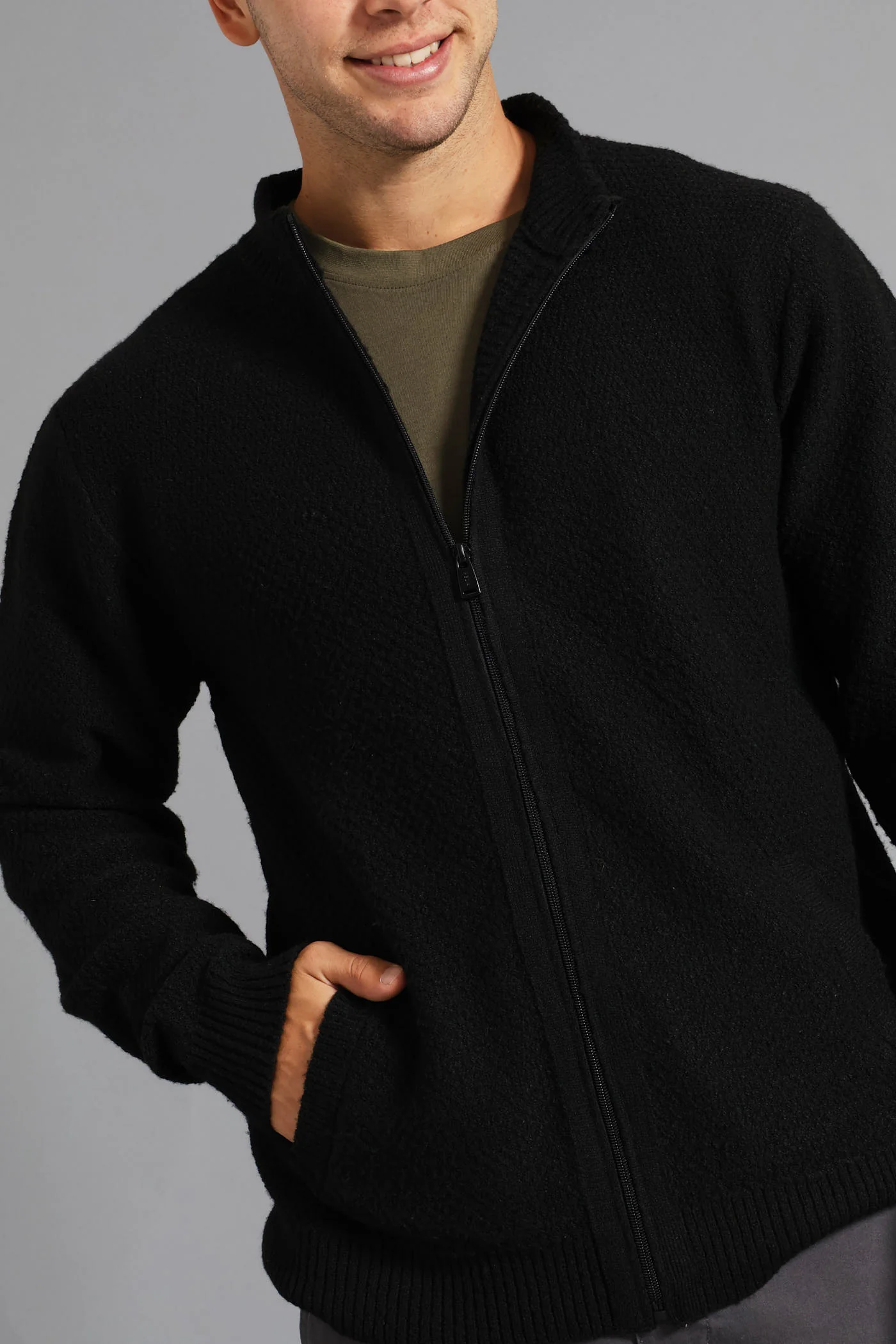 Structual Knit Zip Through Knitwear - Black - Image 2