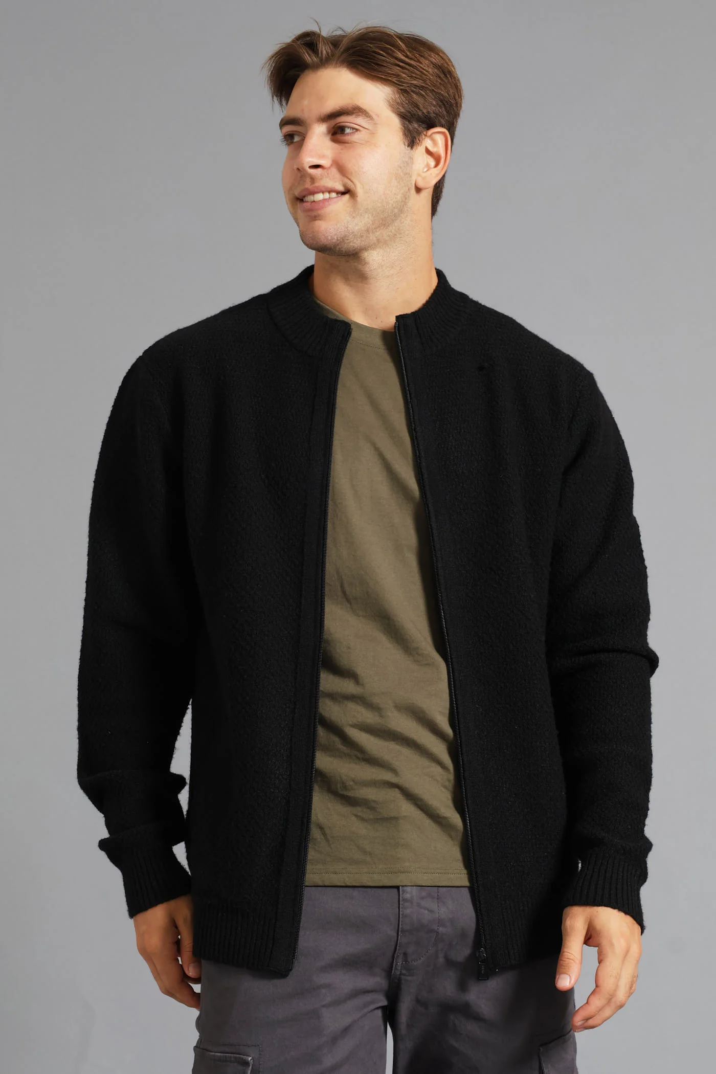 Structual Knit Zip Through Knitwear - Black - Image 3