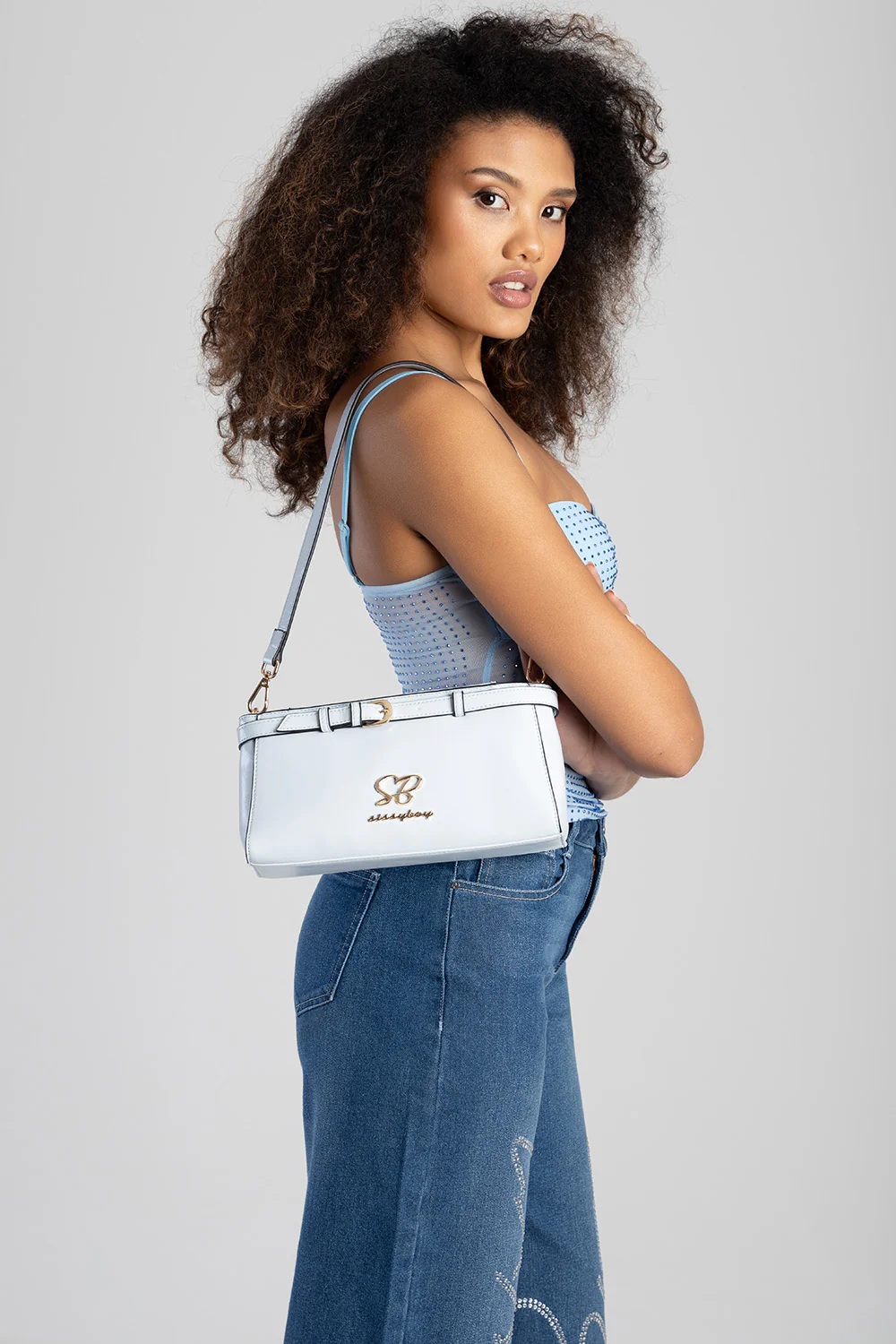 Structured Shoulder Bag With Gold Trim - Aqua Blue - Image 3