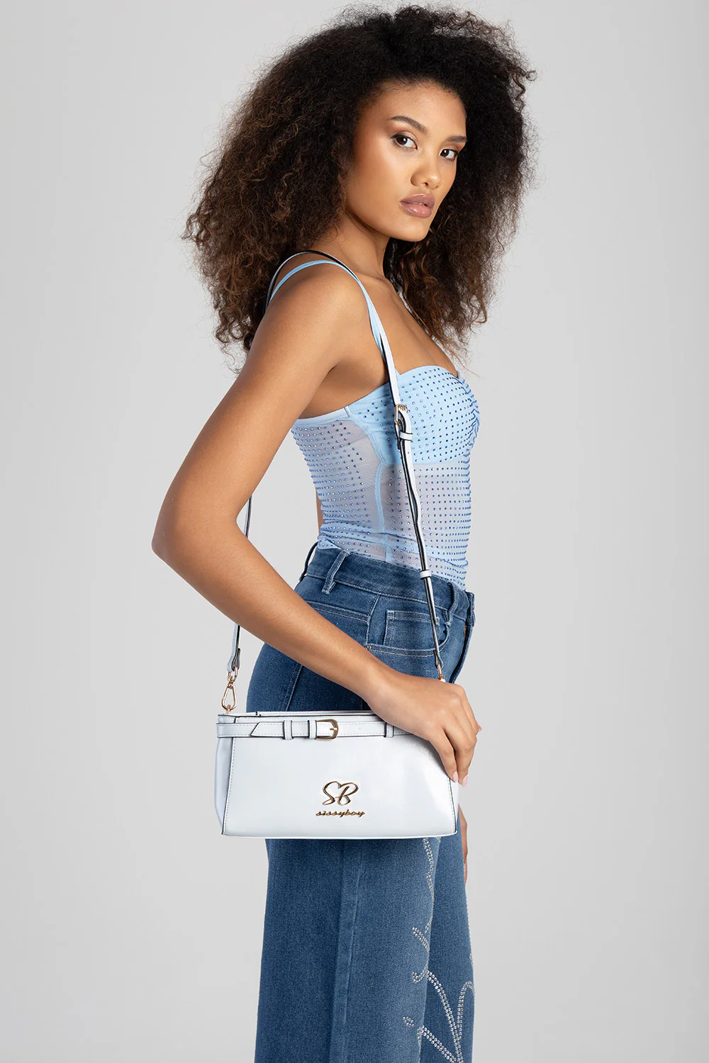 Structured Shoulder Bag With Gold Trim - Aqua Blue - Image 4