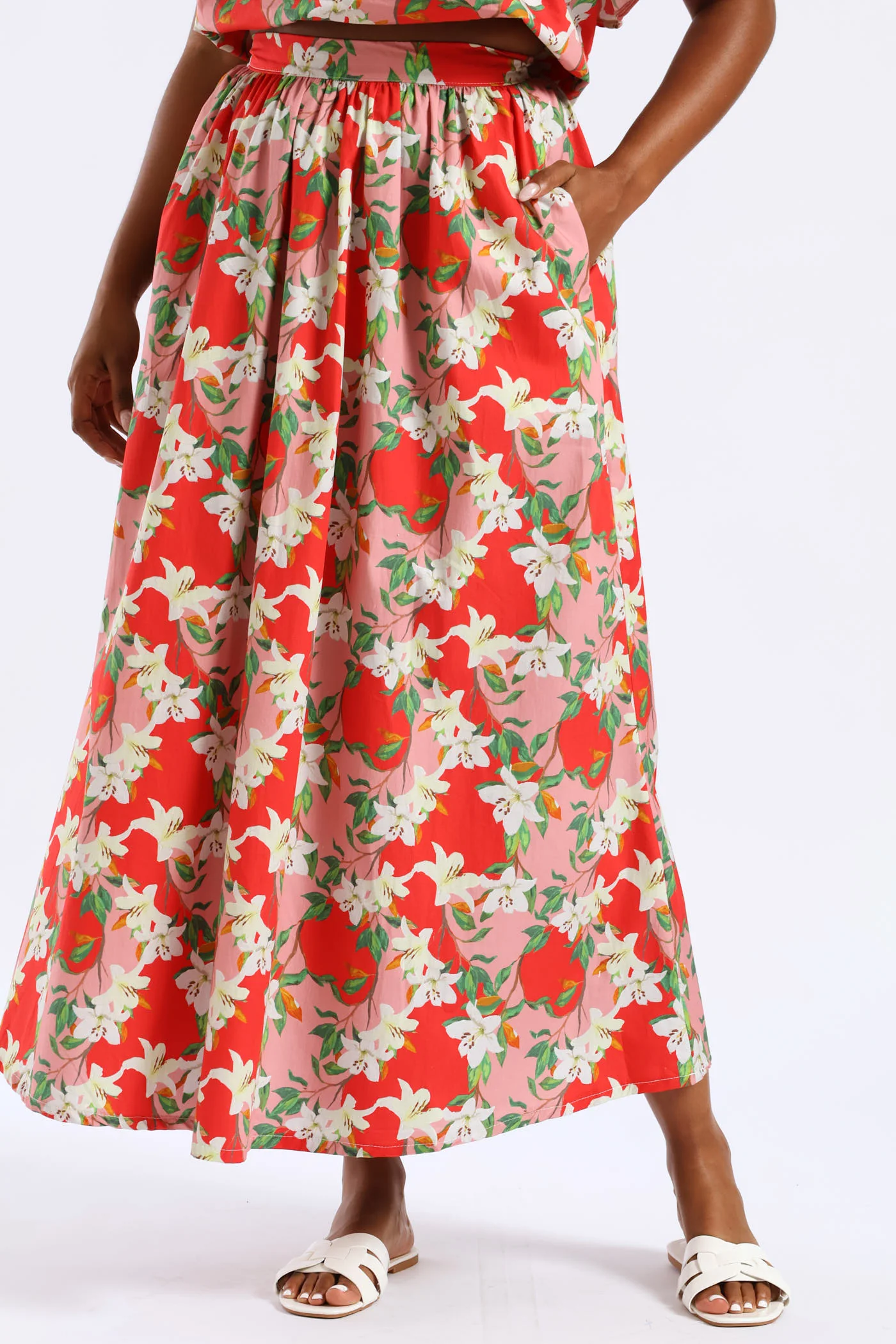 Structured Wide Hem Floral Flared Midi Skirt - Red/Pink - Image 2